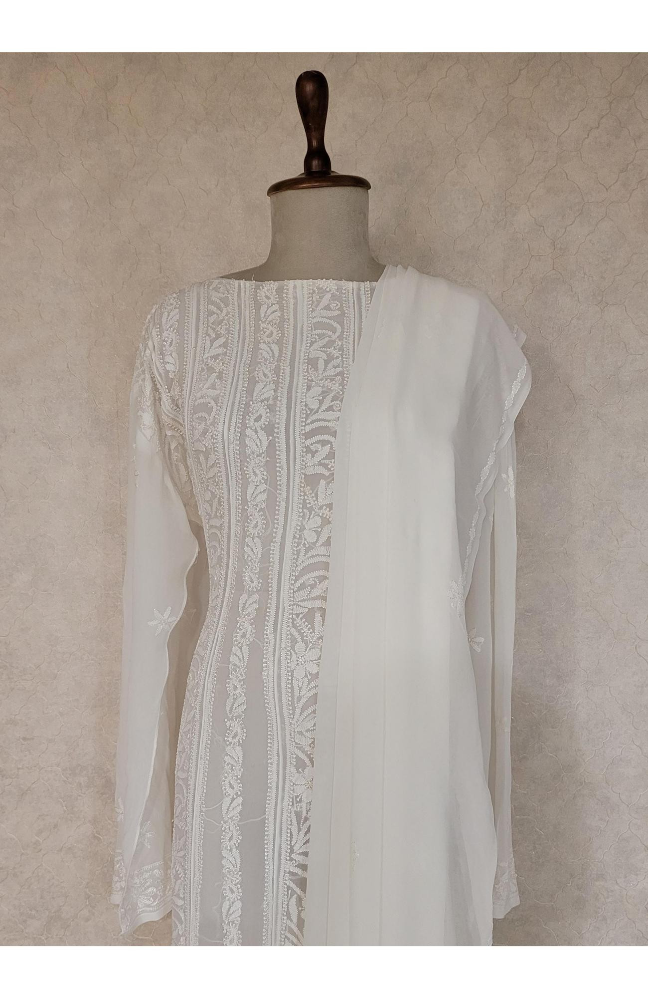 White Pure Georgette Chikankari Anarkali Kurta & Dupatta