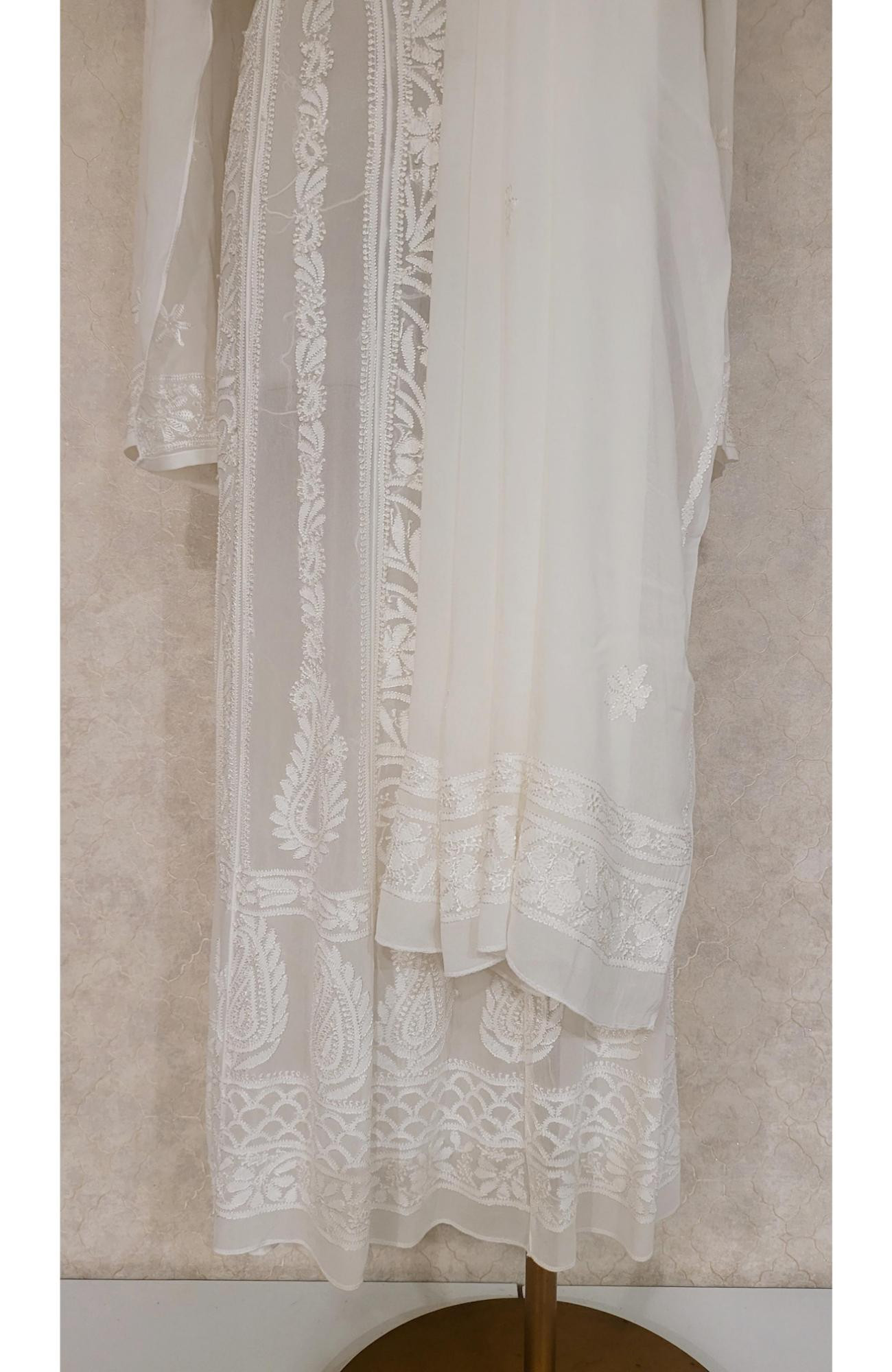 White Pure Georgette Chikankari Anarkali Kurta & Dupatta