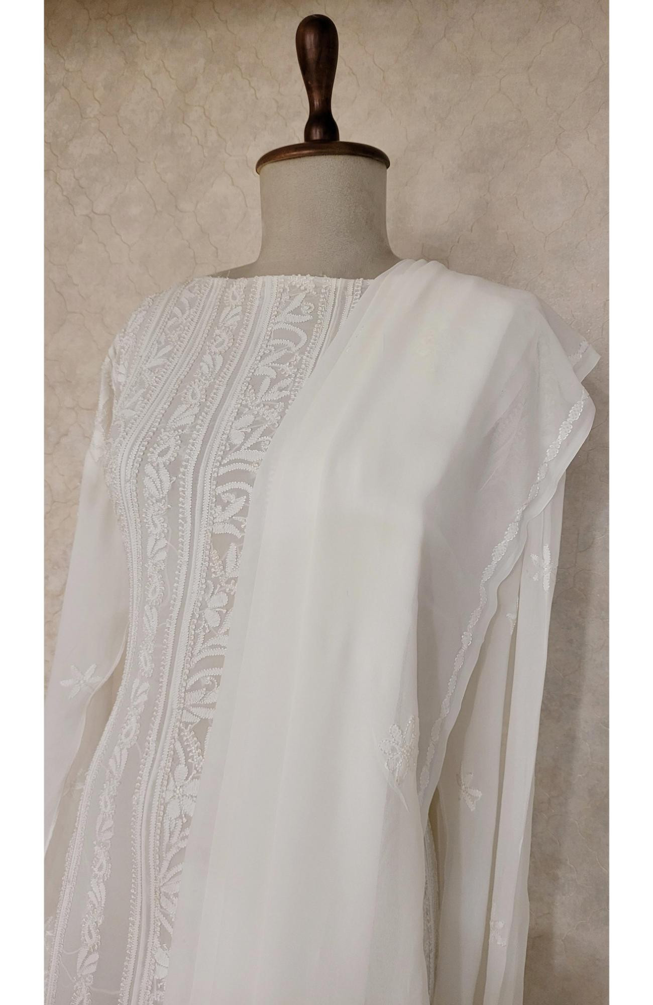 White Pure Georgette Chikankari Anarkali Kurta & Dupatta