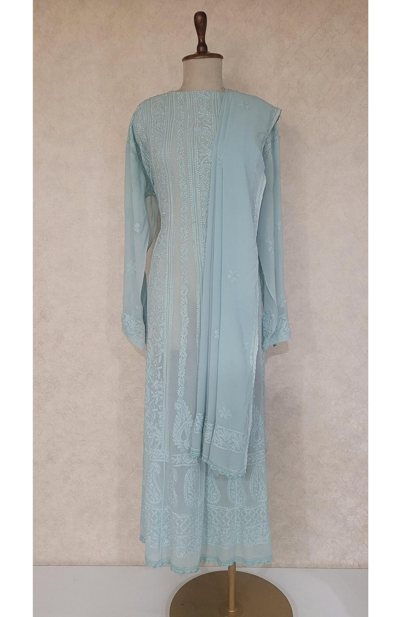 Sea Green Pure Georgette Chikankari Anaarkali Kurta & Dupatta