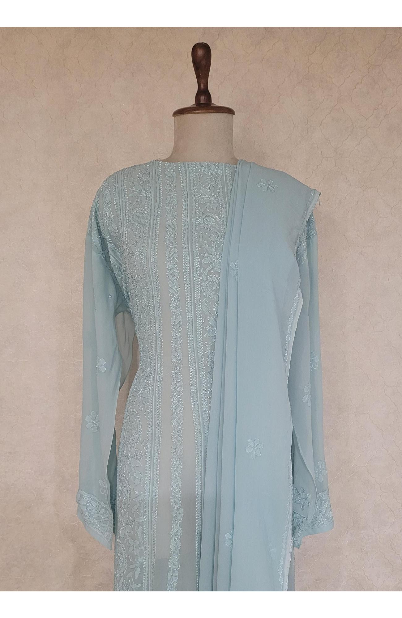 Sea Green Pure Georgette Chikankari Anaarkali Kurta & Dupatta