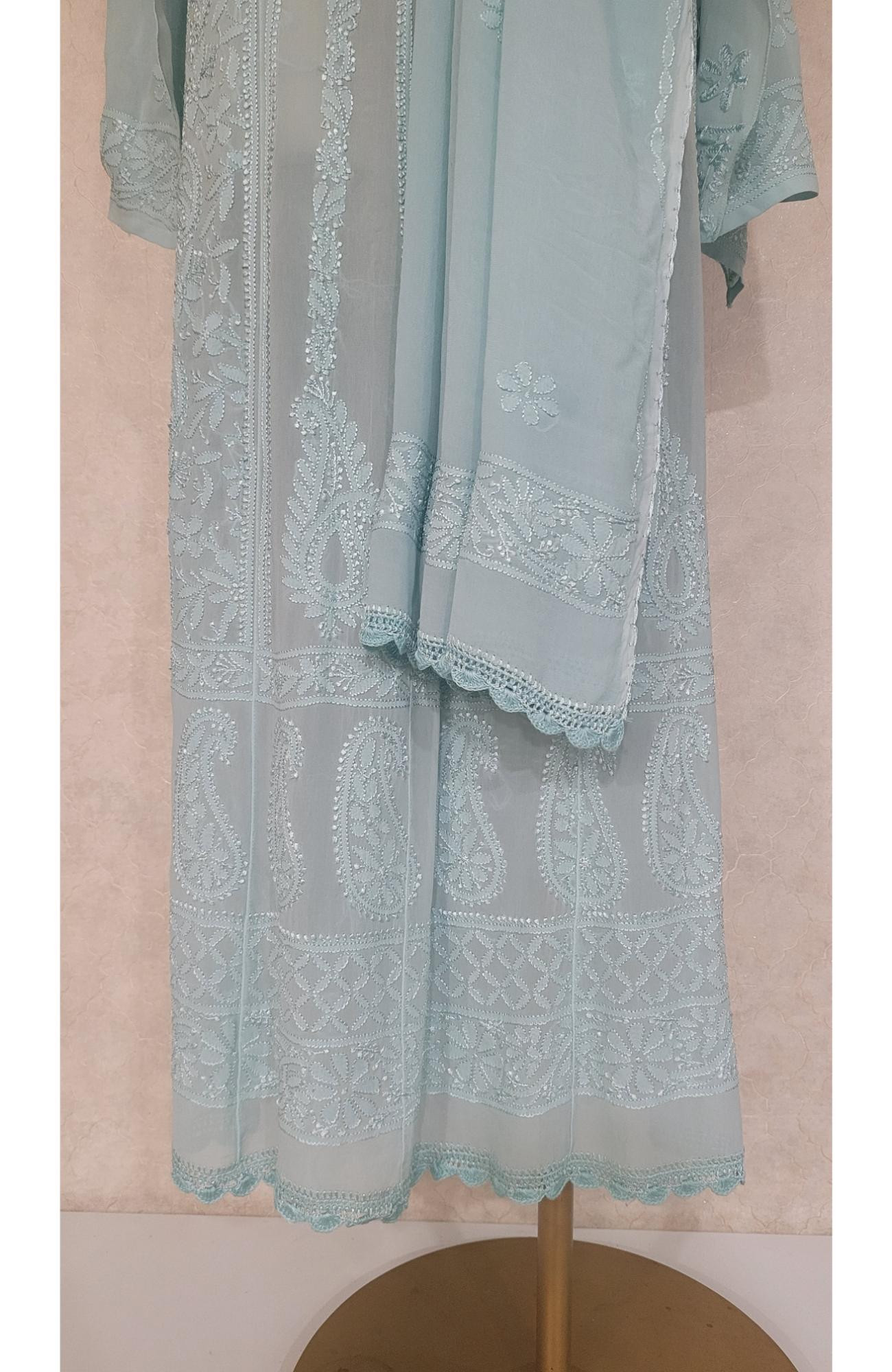 Sea Green Pure Georgette Chikankari Anaarkali Kurta & Dupatta