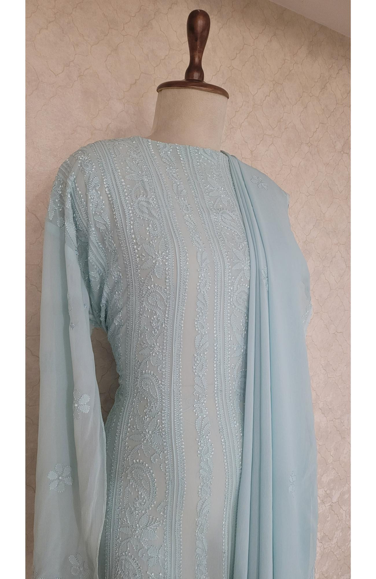 Sea Green Pure Georgette Chikankari Anaarkali Kurta & Dupatta