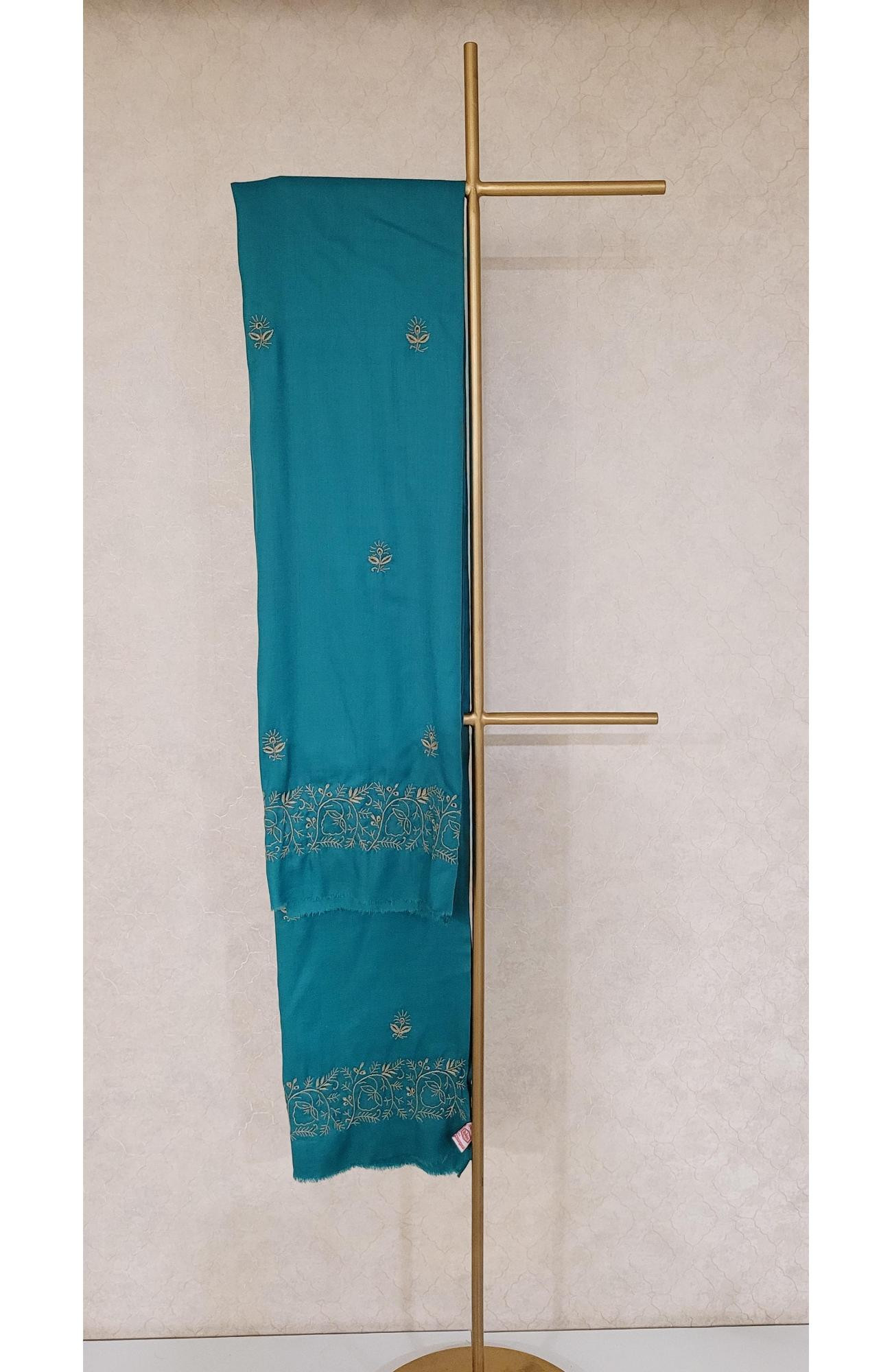 Teal Blue Woolen Chikankari Shawl