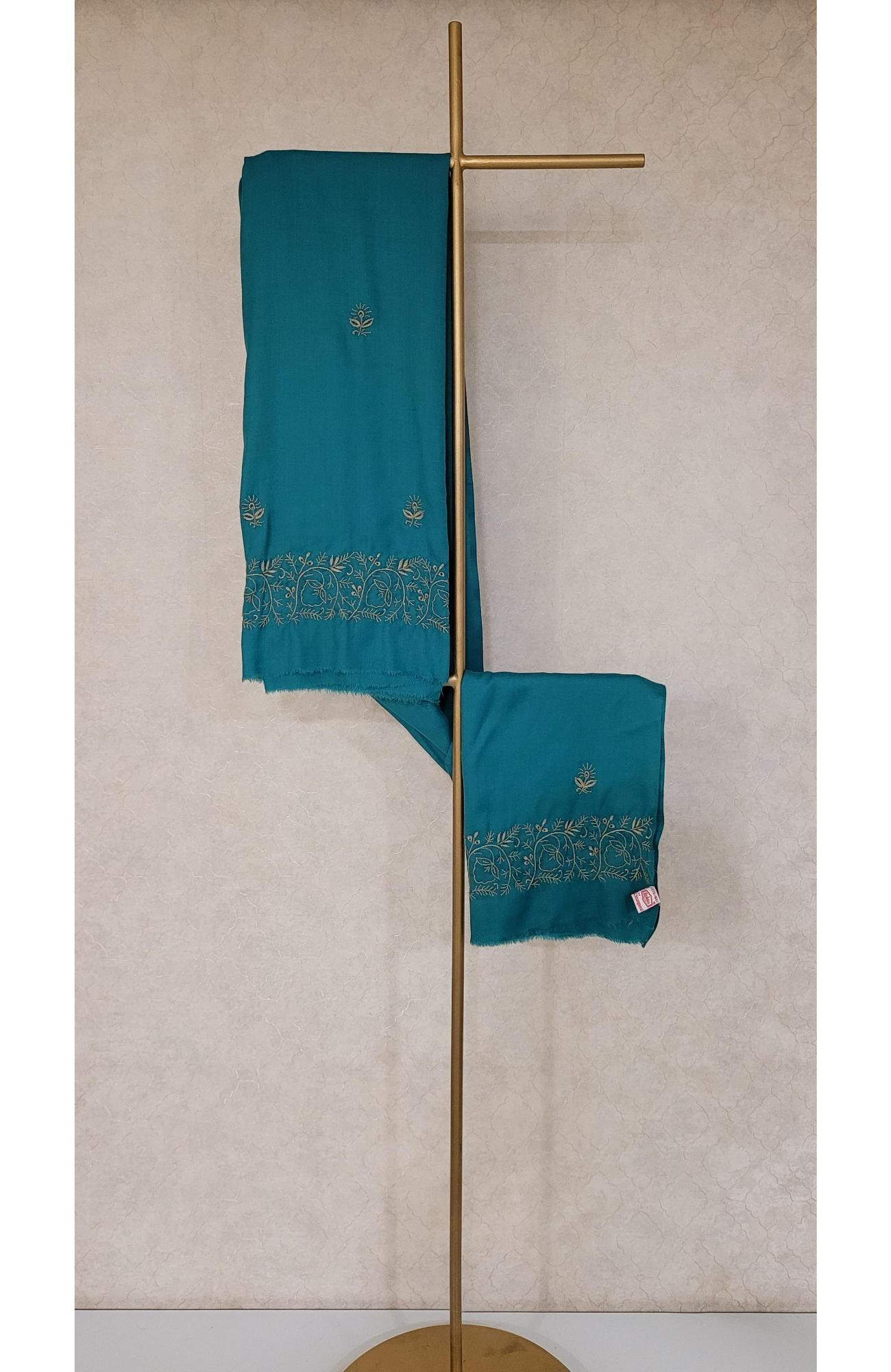 Teal Blue Woolen Chikankari Shawl
