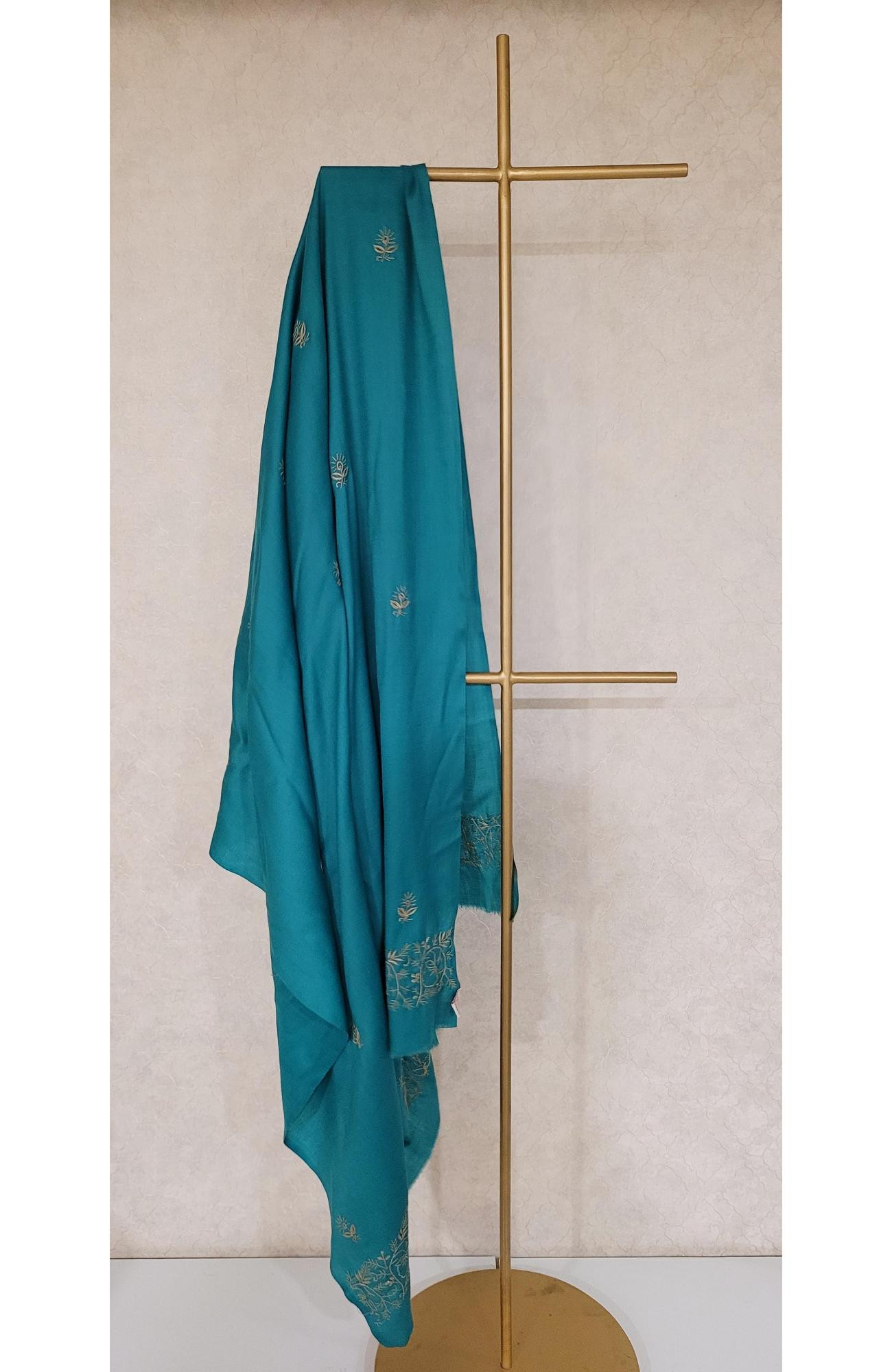 Teal Blue Woolen Chikankari Shawl
