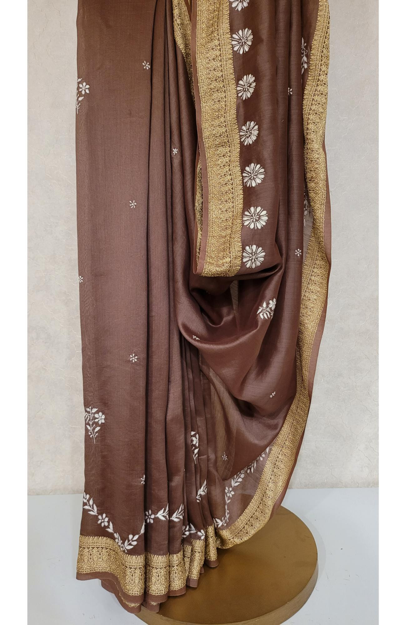 Brown Chanderi Silk Chikankari Saree