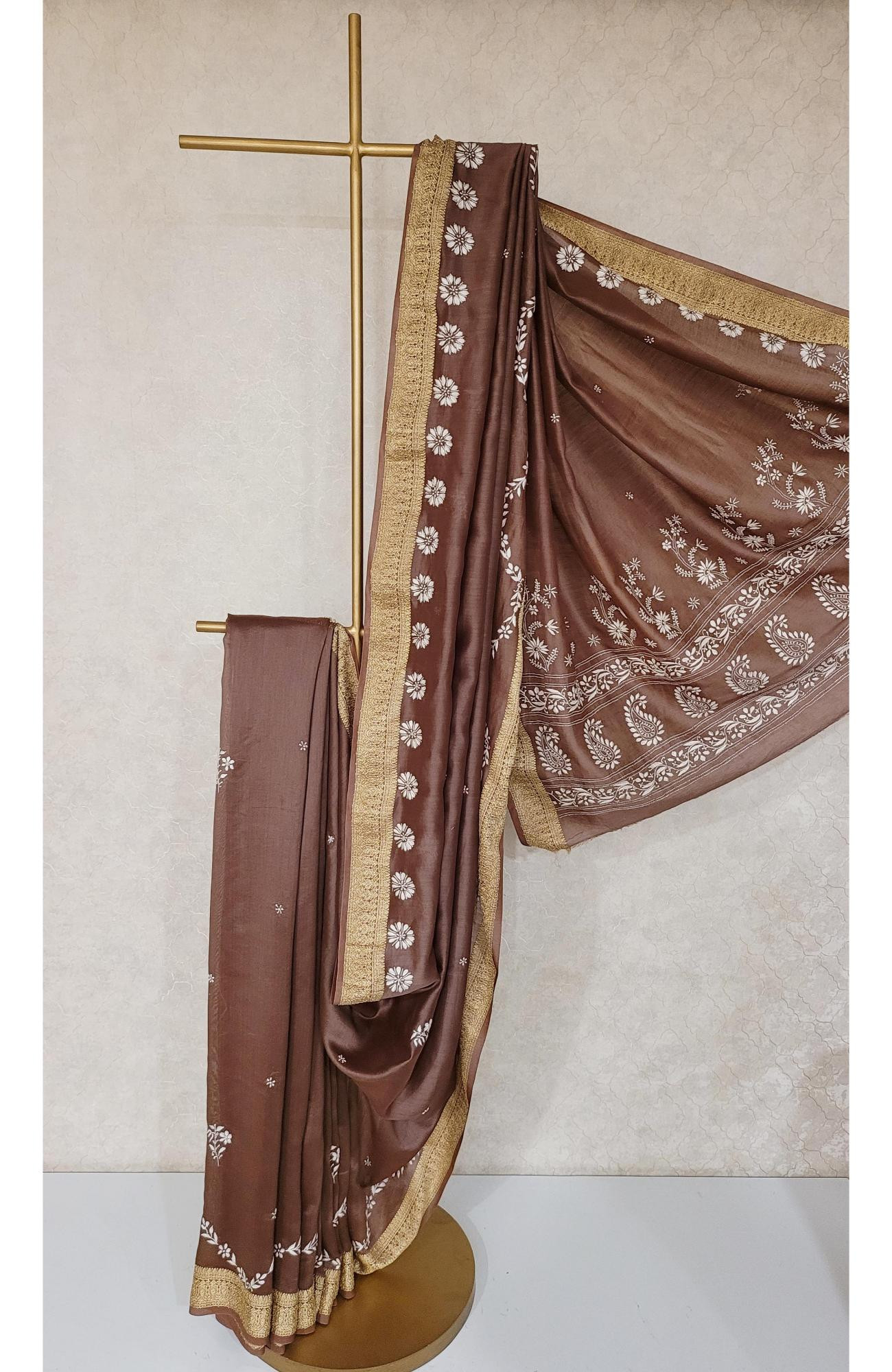 Brown Chanderi Silk Chikankari Saree