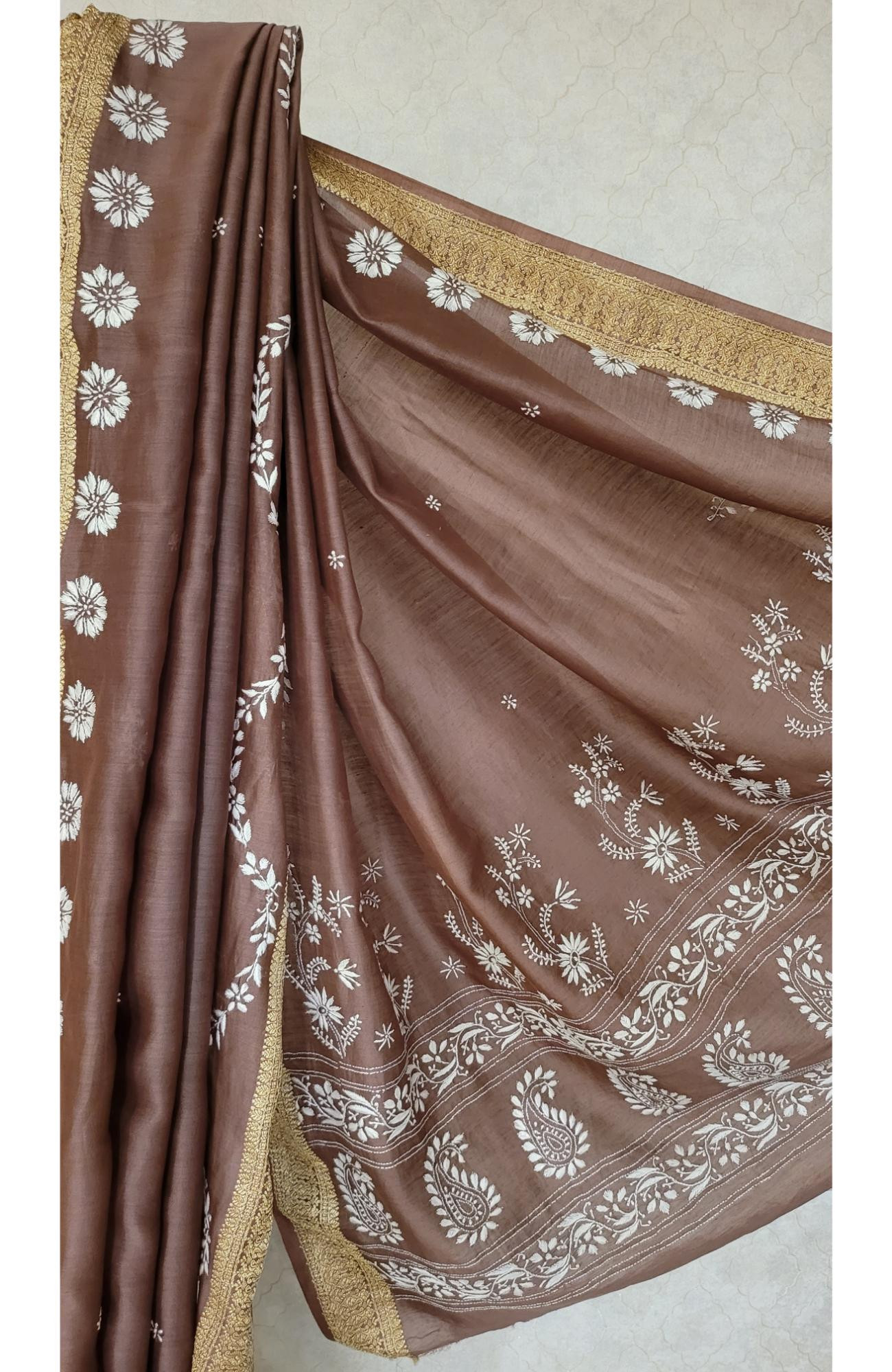 Brown Chanderi Silk Chikankari Saree