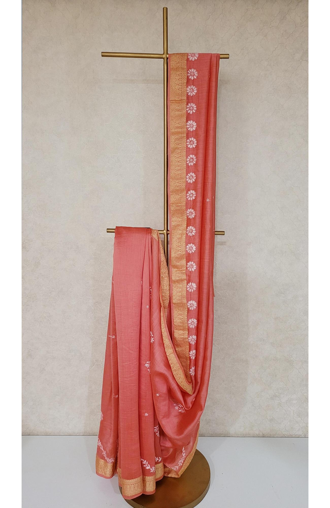 Tomato Chanderi Silk Chikankari Saree