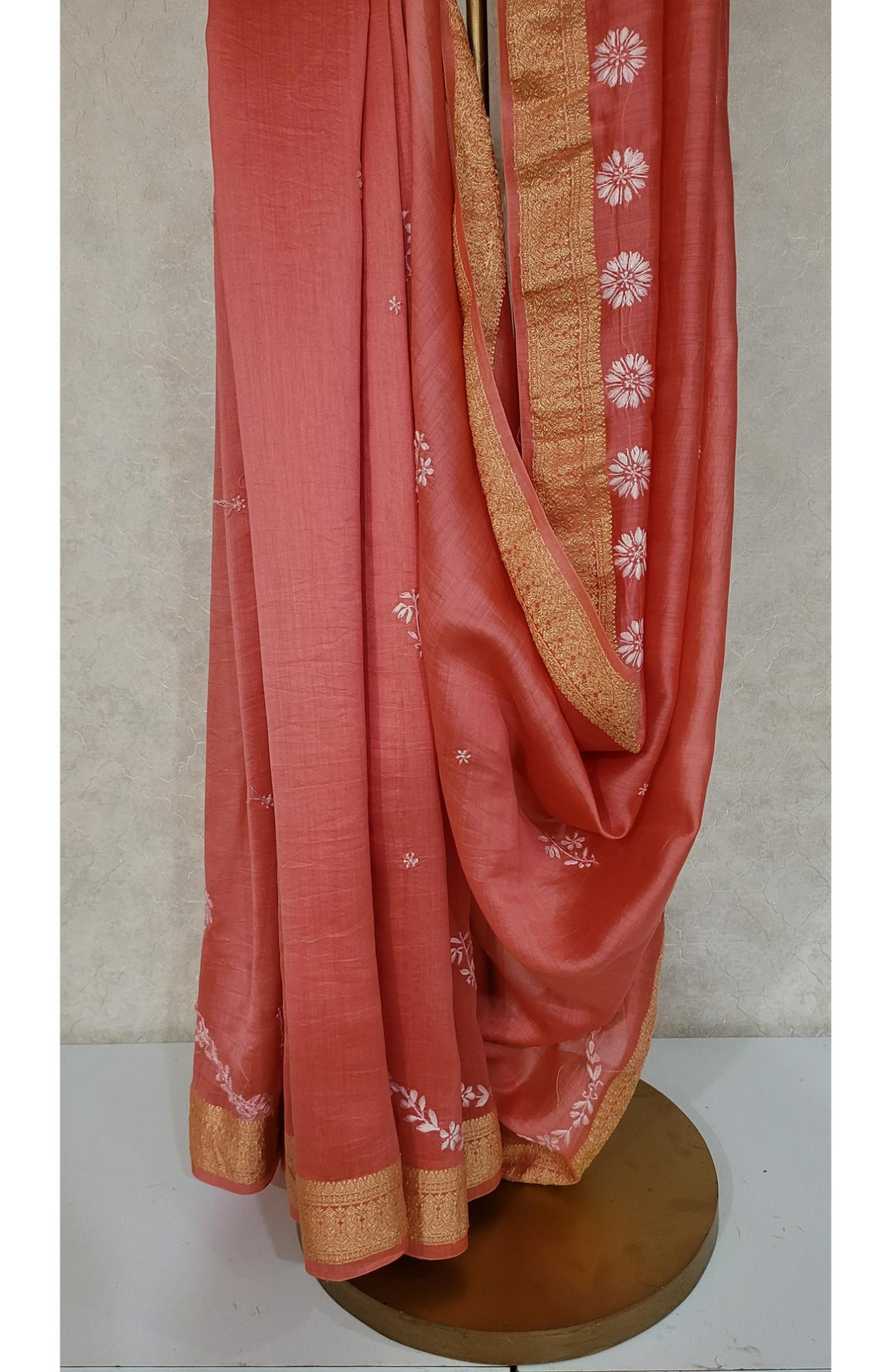 Tomato Chanderi Silk Chikankari Saree