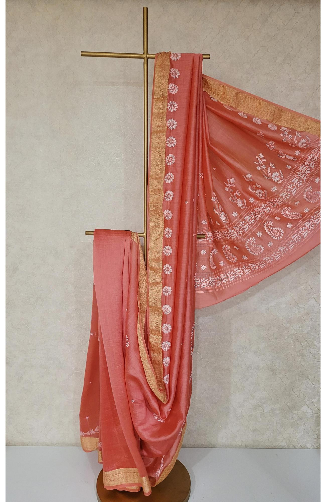 Tomato Chanderi Silk Chikankari Saree