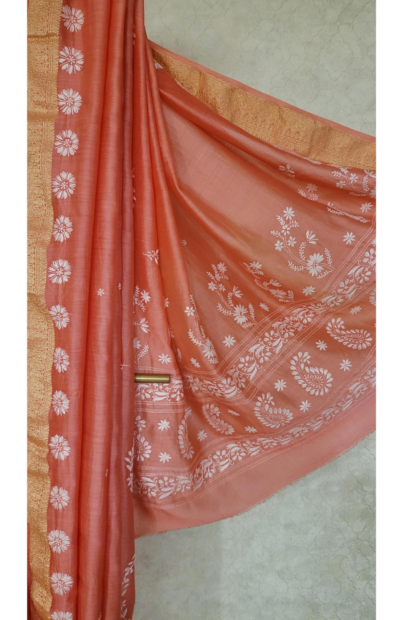 Tomato Chanderi Silk Chikankari Saree