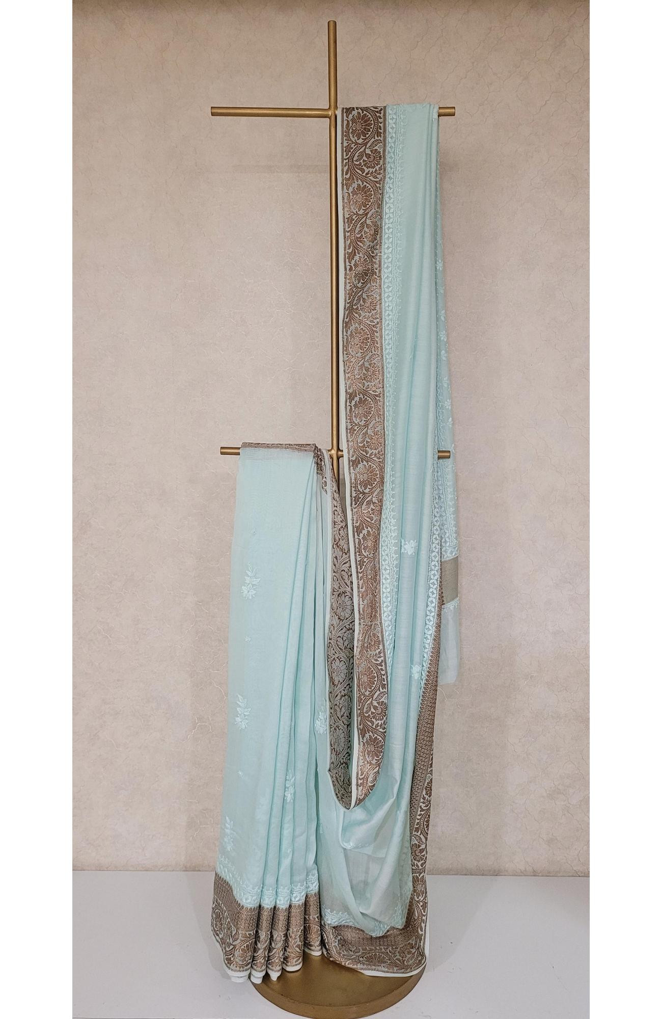 Sea Green Chanderi Silk Chikankari Saree