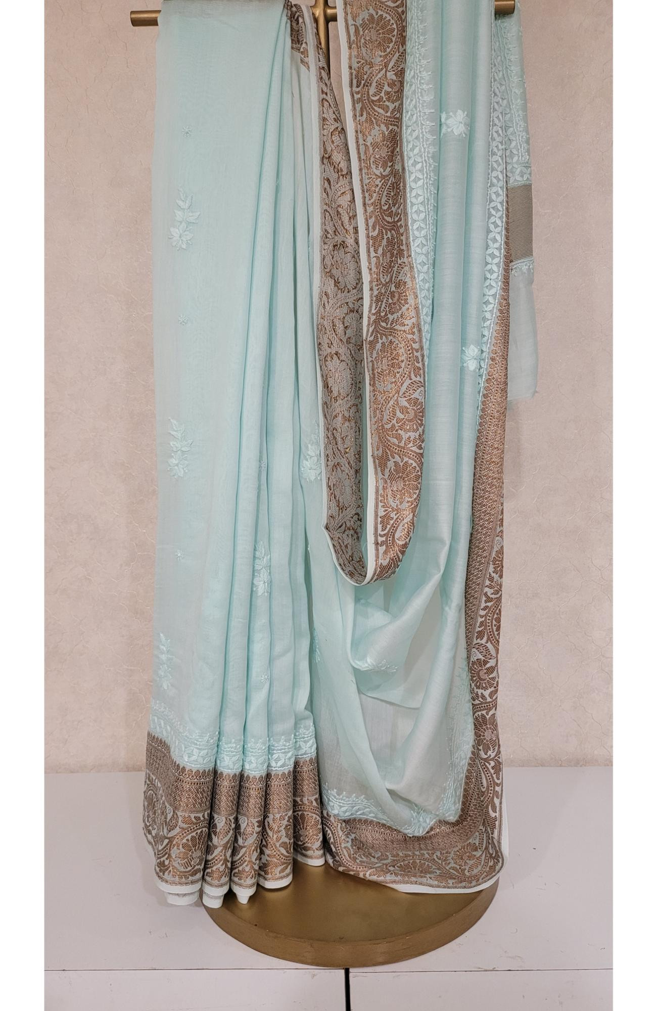 Sea Green Chanderi Silk Chikankari Saree