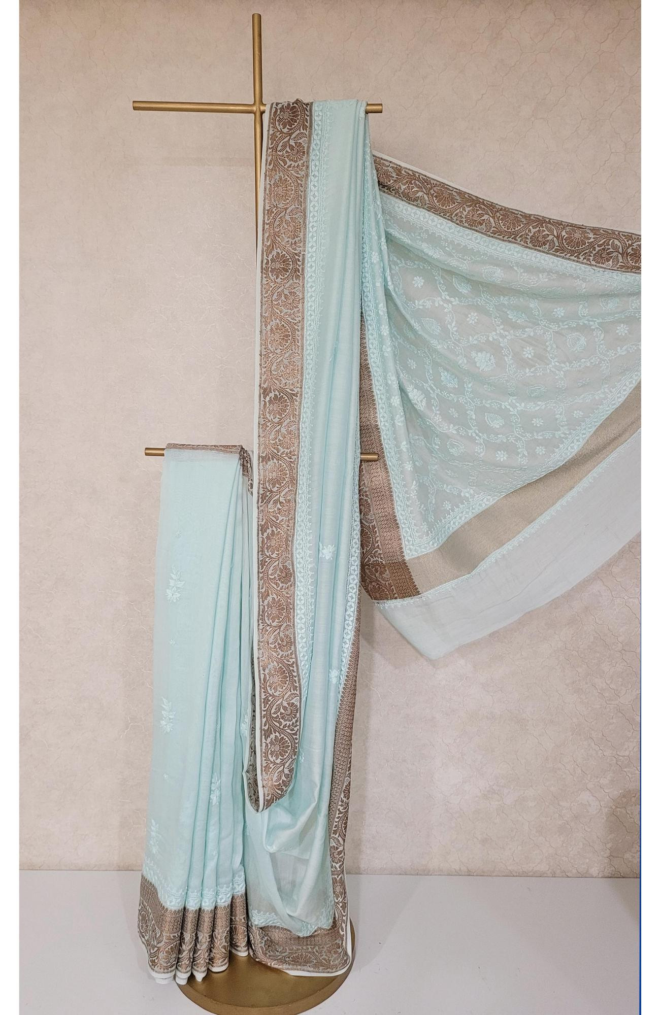 Sea Green Chanderi Silk Chikankari Saree
