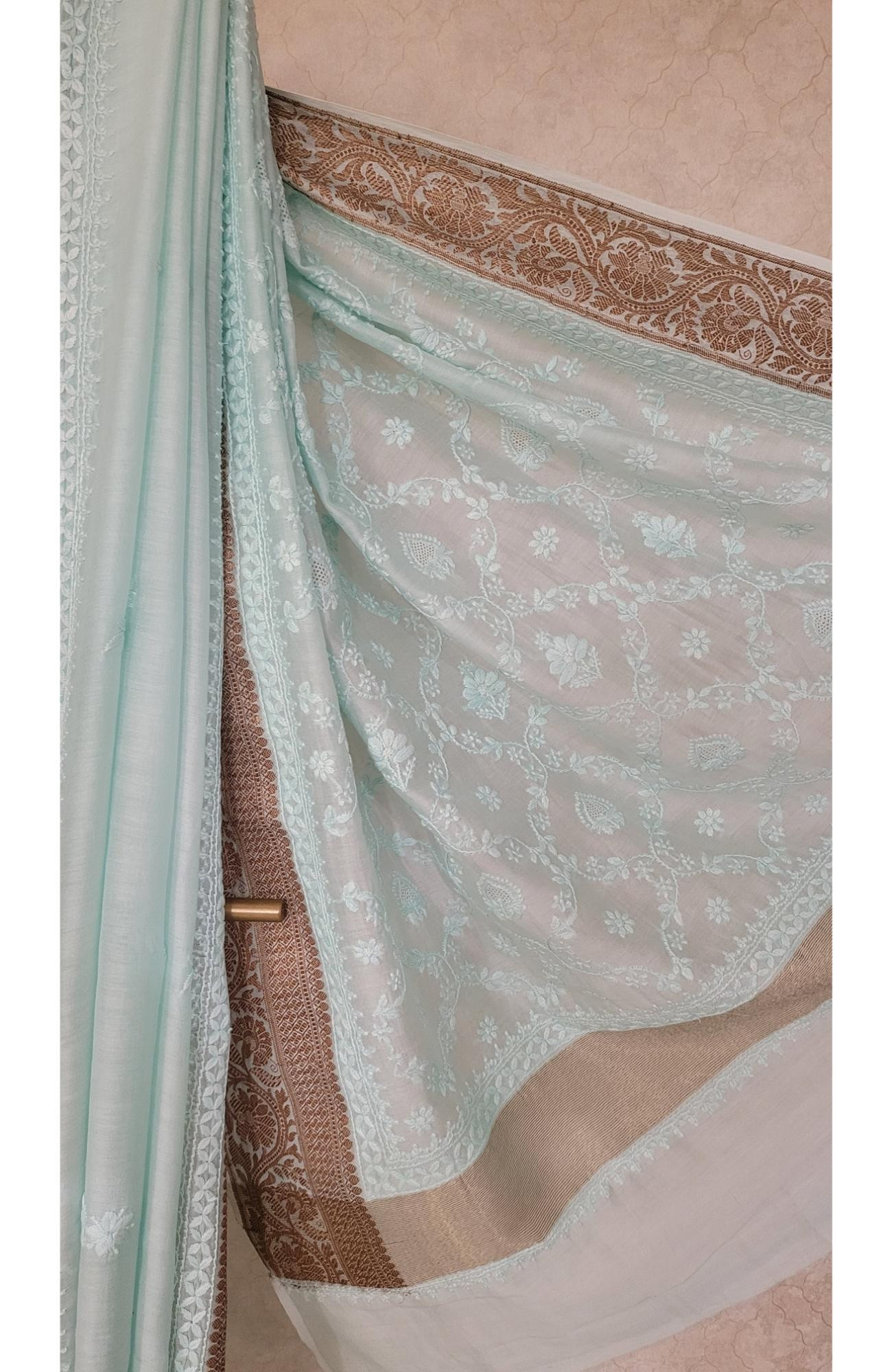 Sea Green Chanderi Silk Chikankari Saree
