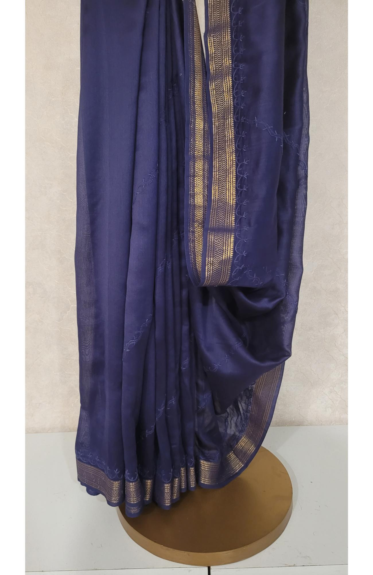 Ink Blue Chanderi Silk Chikankari Saree