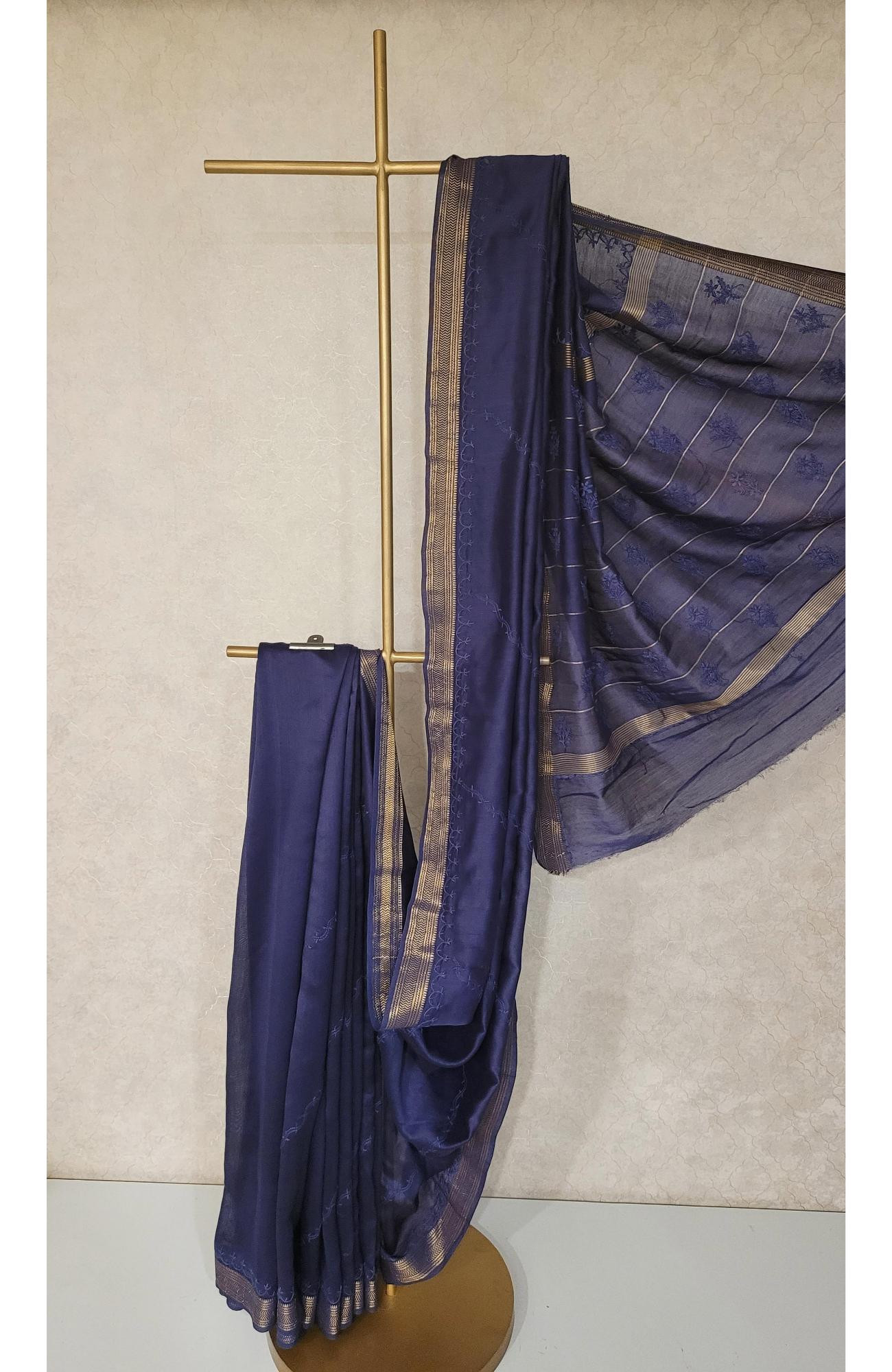 Ink Blue Chanderi Silk Chikankari Saree