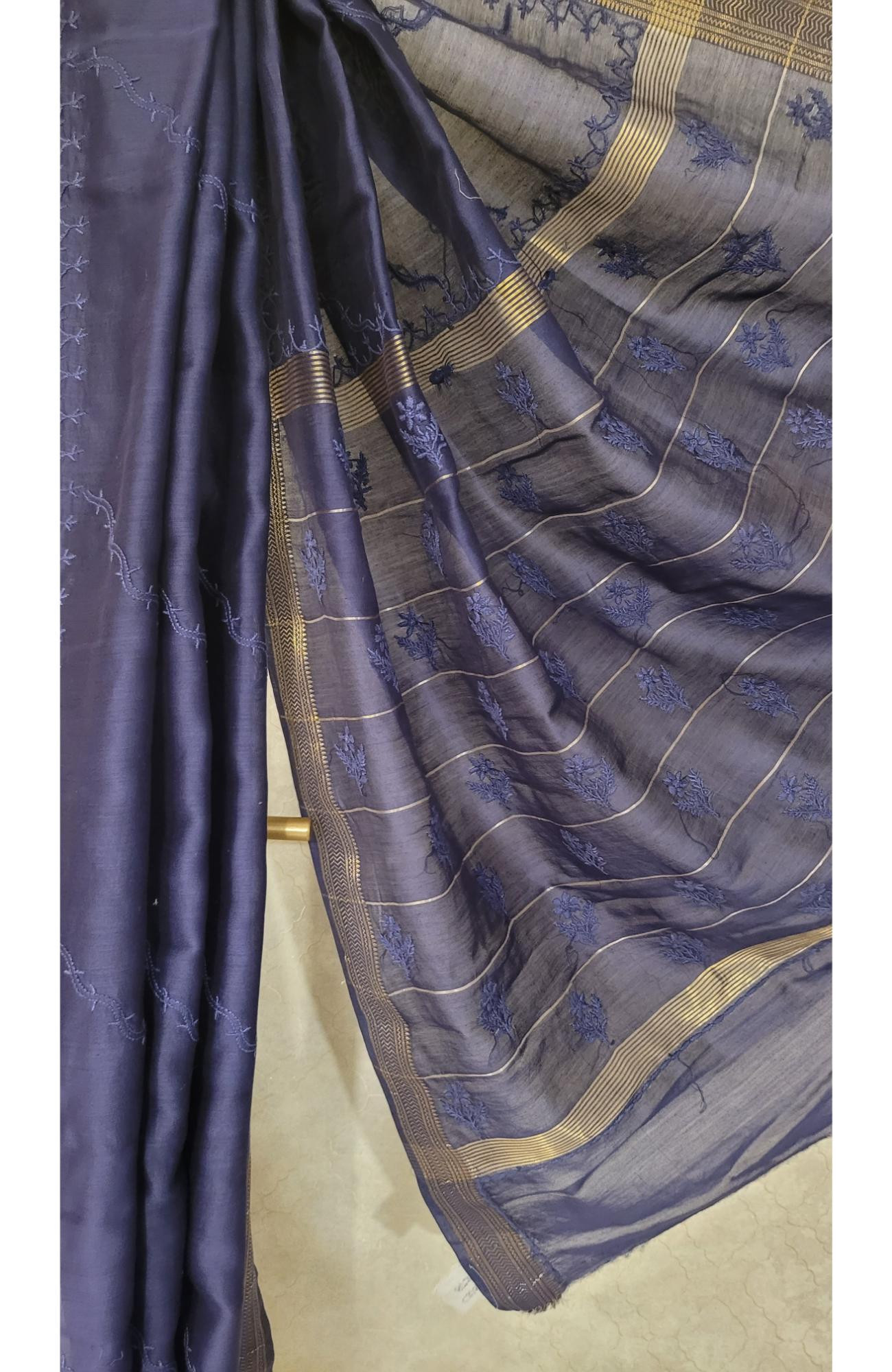 Ink Blue Chanderi Silk Chikankari Saree