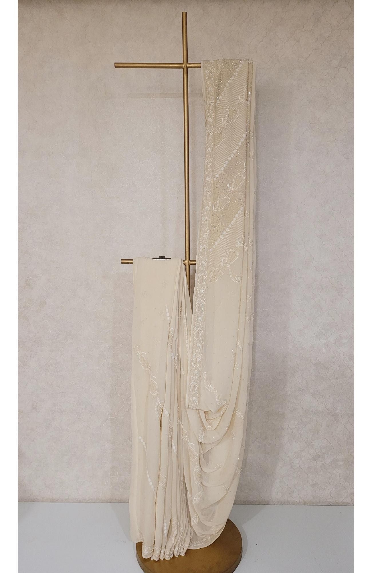 Cream Pure Georgette Chikankari Saree