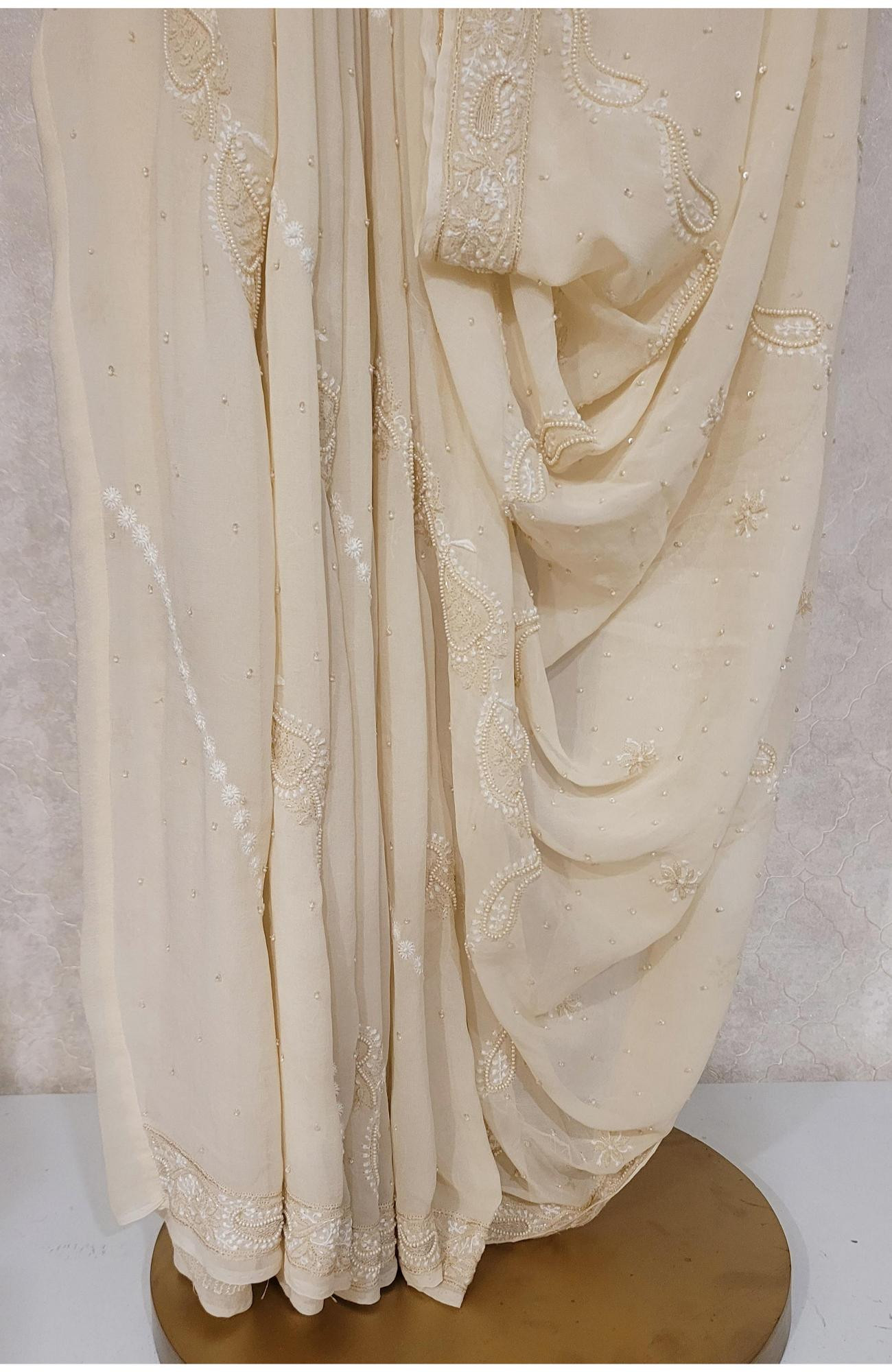 Cream Pure Georgette Chikankari Saree