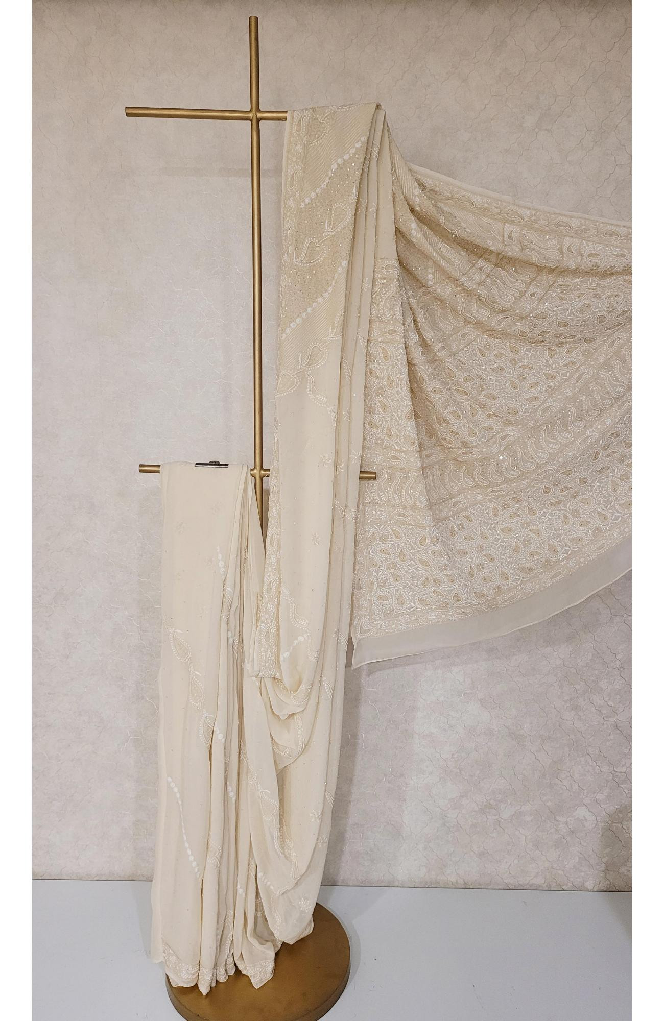 Cream Pure Georgette Chikankari Saree