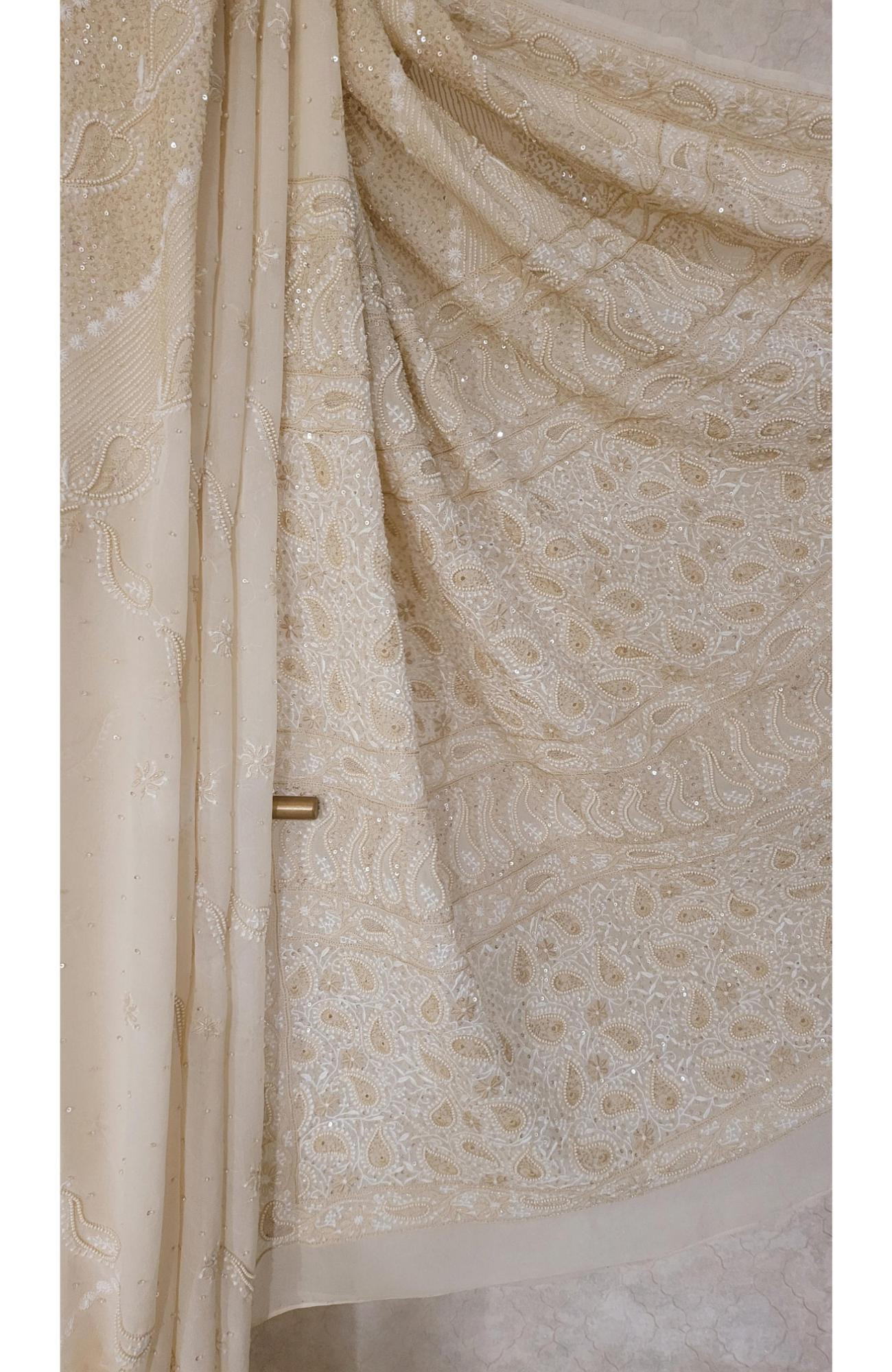 Cream Pure Georgette Chikankari Saree