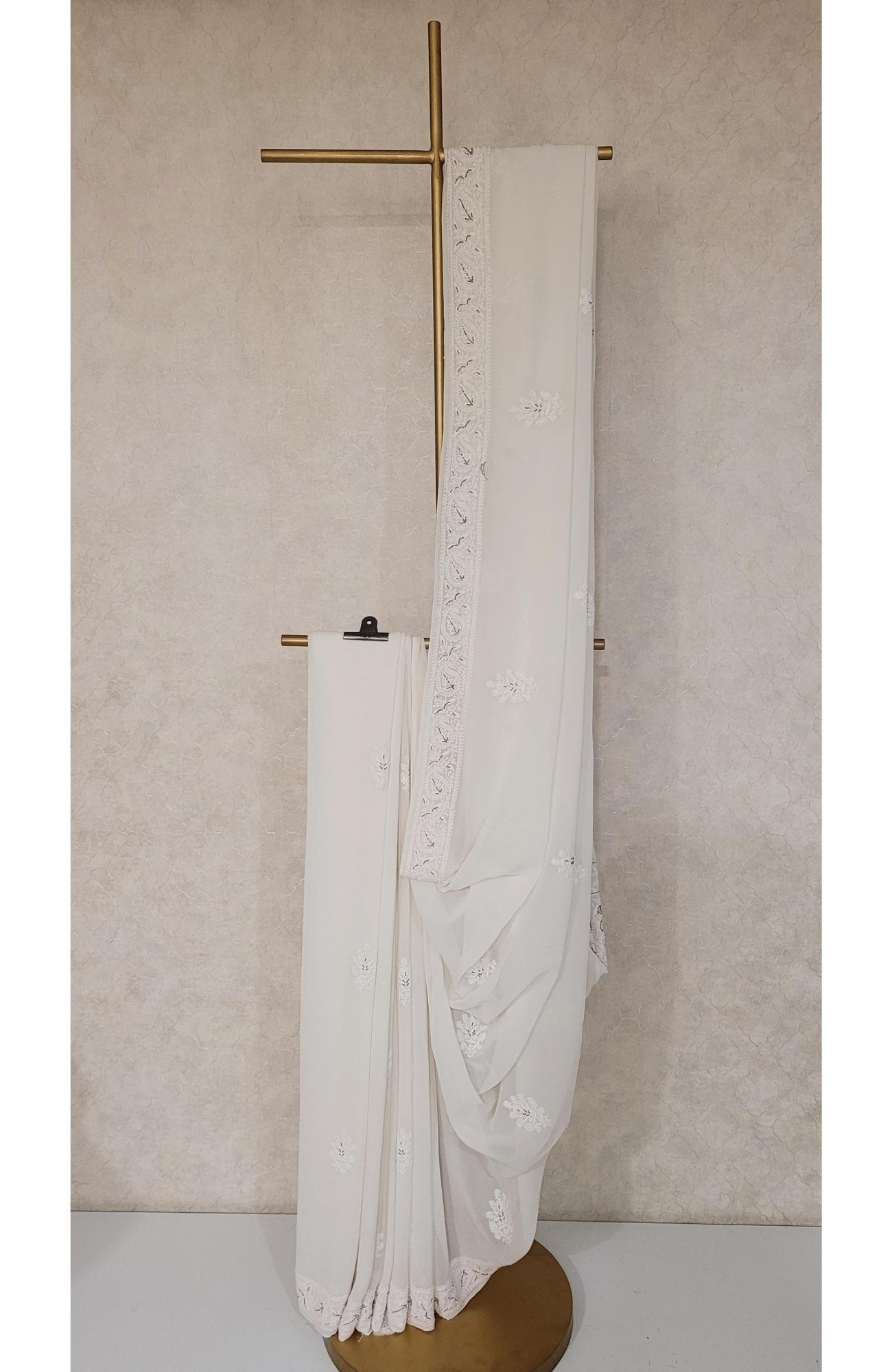 White Pure Georgette Chikankari Saree