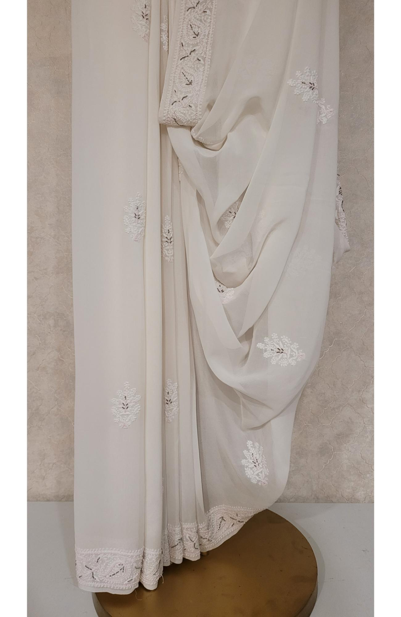 White Pure Georgette Chikankari Saree