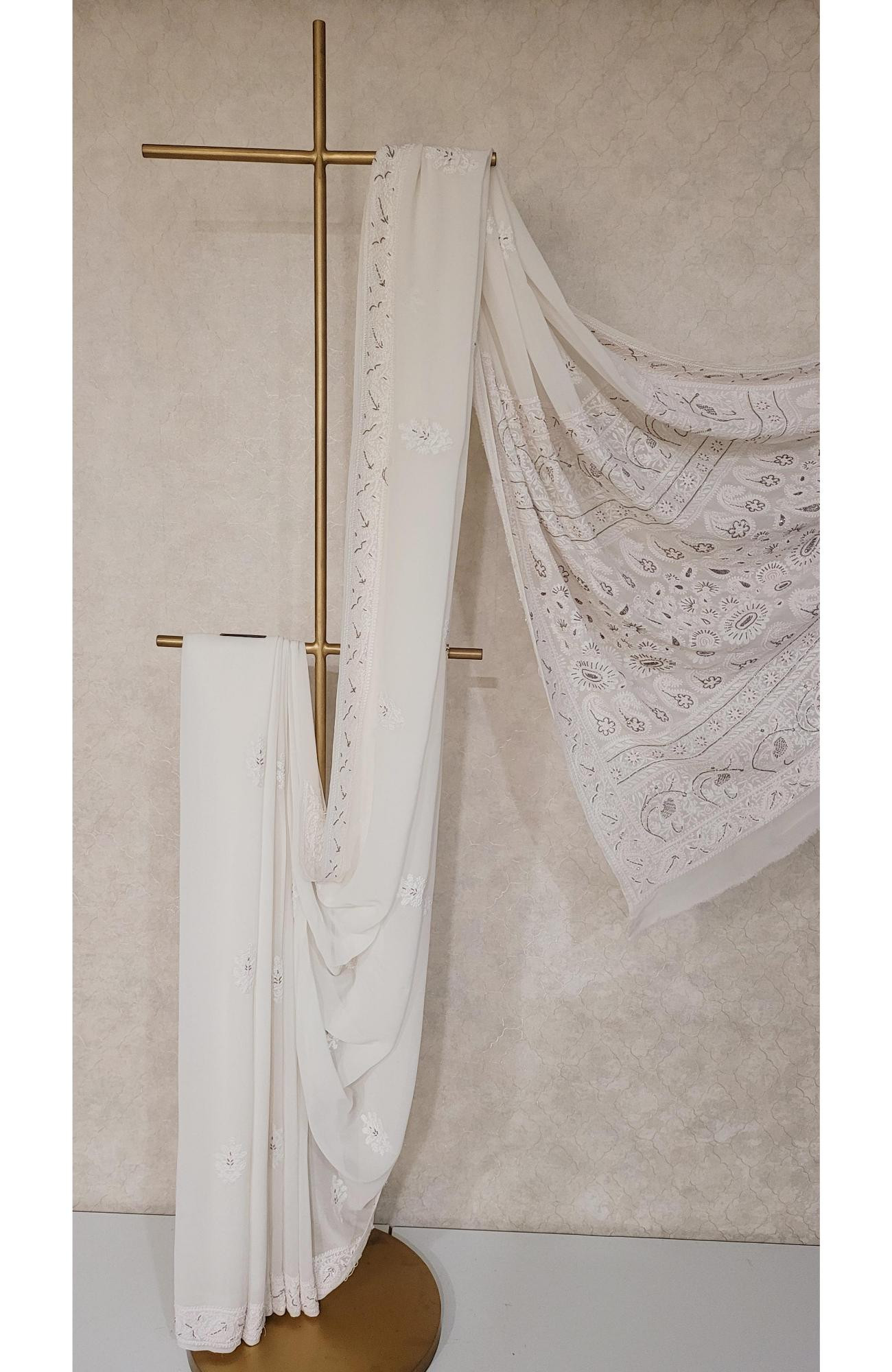 White Pure Georgette Chikankari Saree