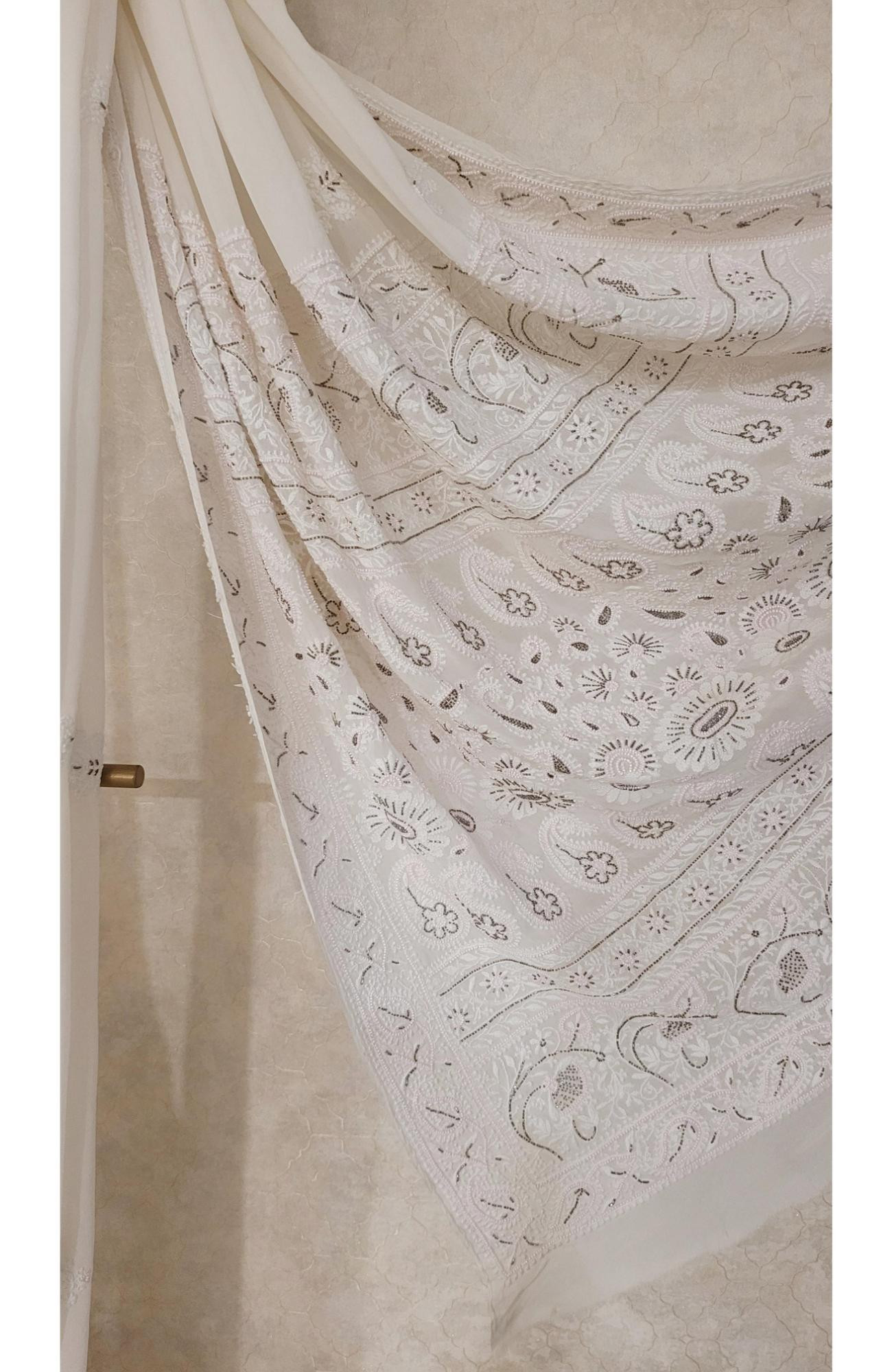 White Pure Georgette Chikankari Saree
