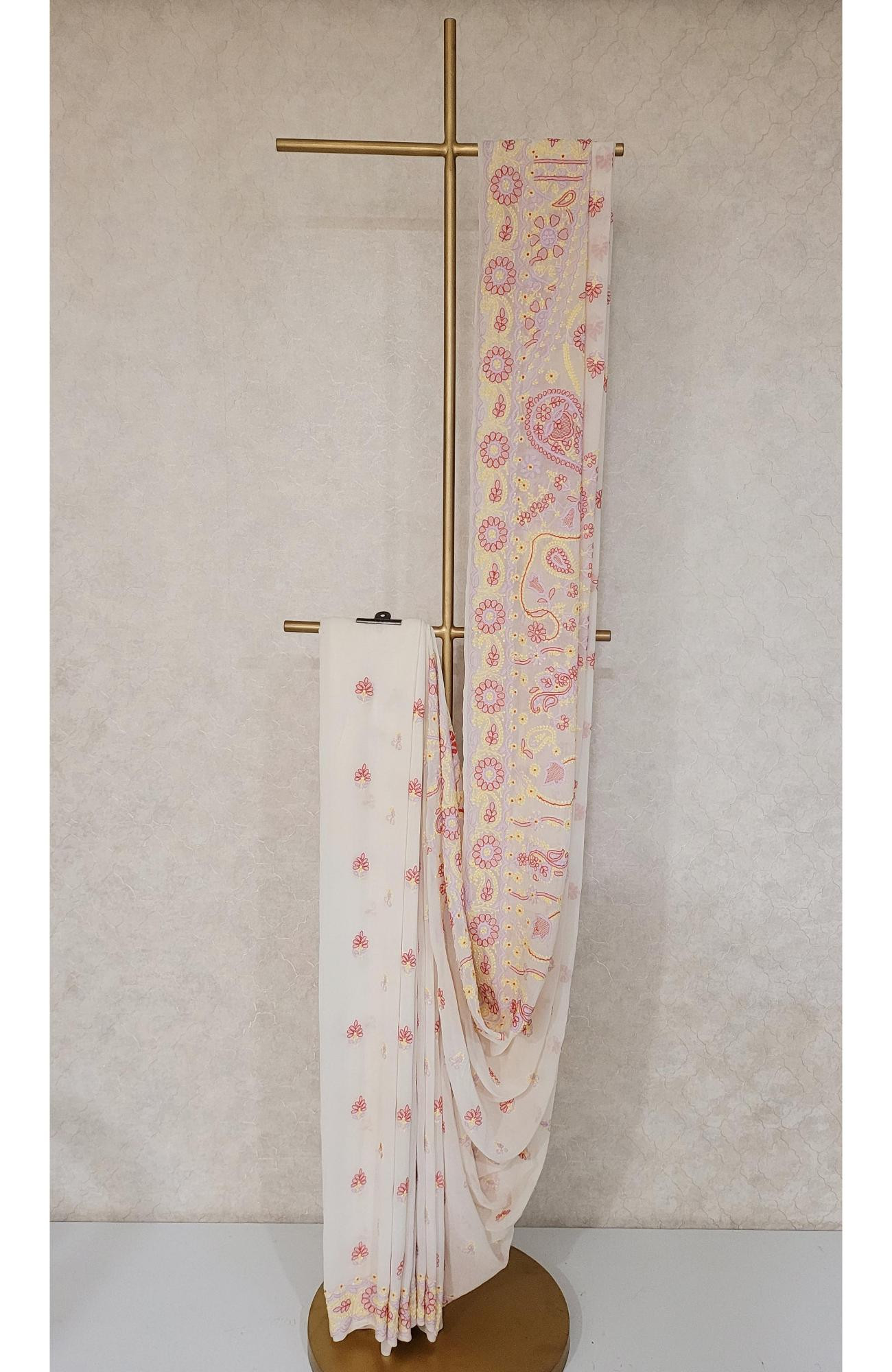Off-white Pure Georgette Chikankari Saree