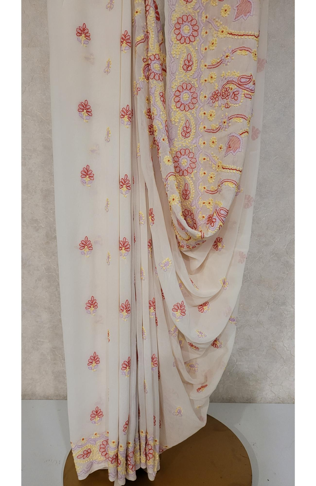 Off-white Pure Georgette Chikankari Saree
