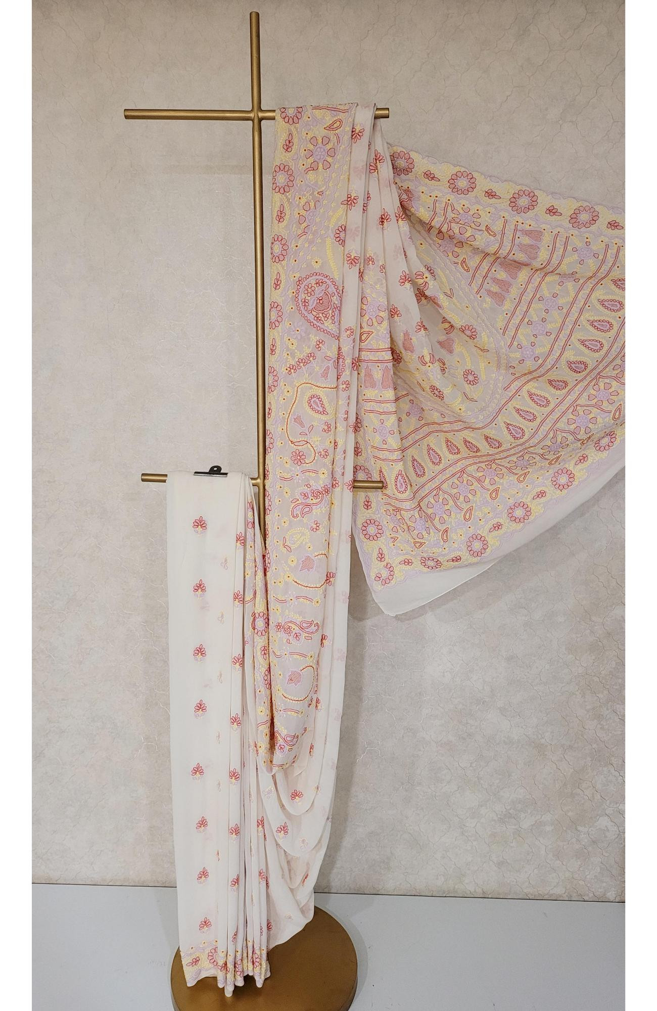 Off-white Pure Georgette Chikankari Saree