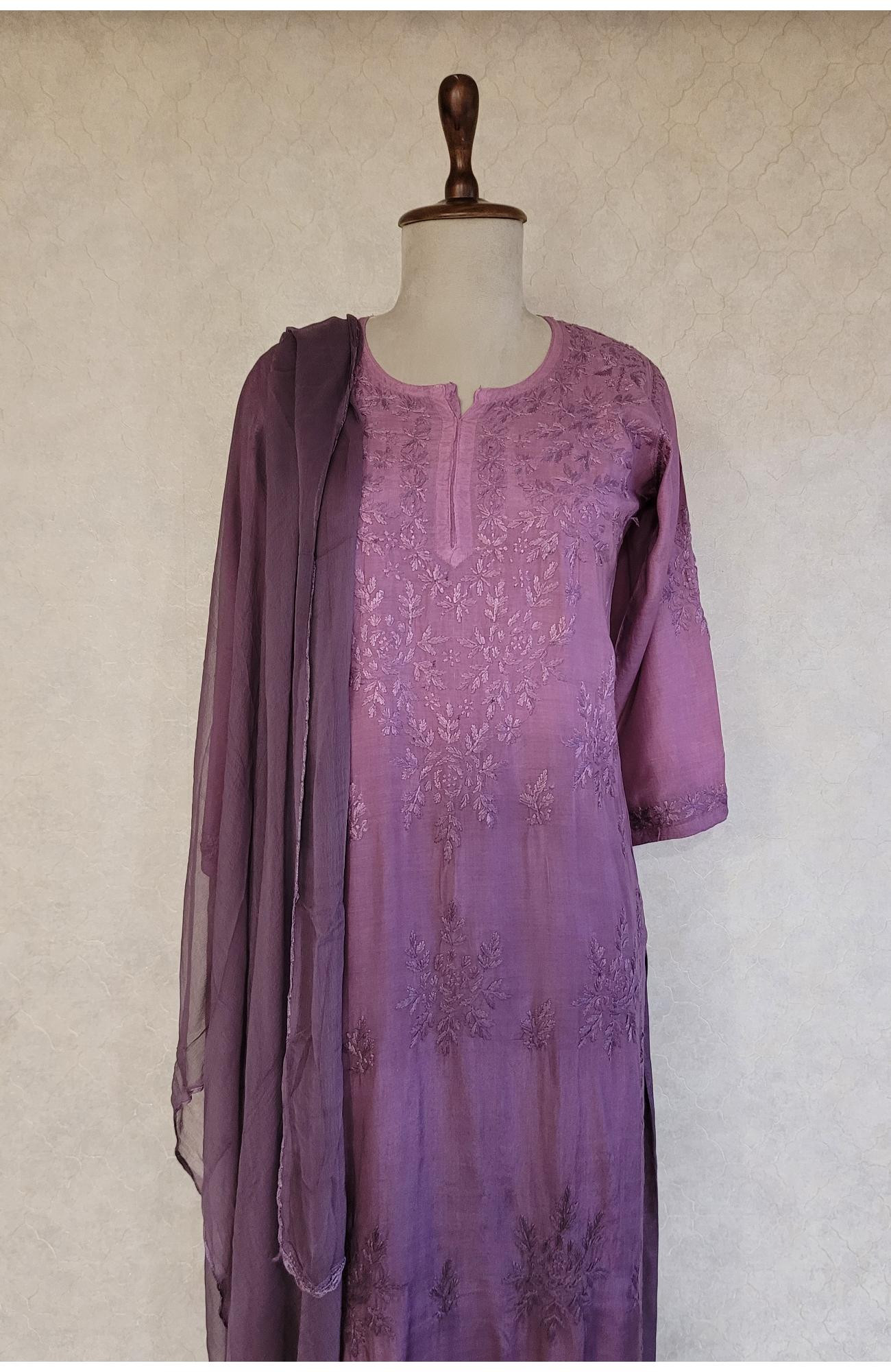 Purple Muslin Chikankari Kurta, Dupatta & Pant Set