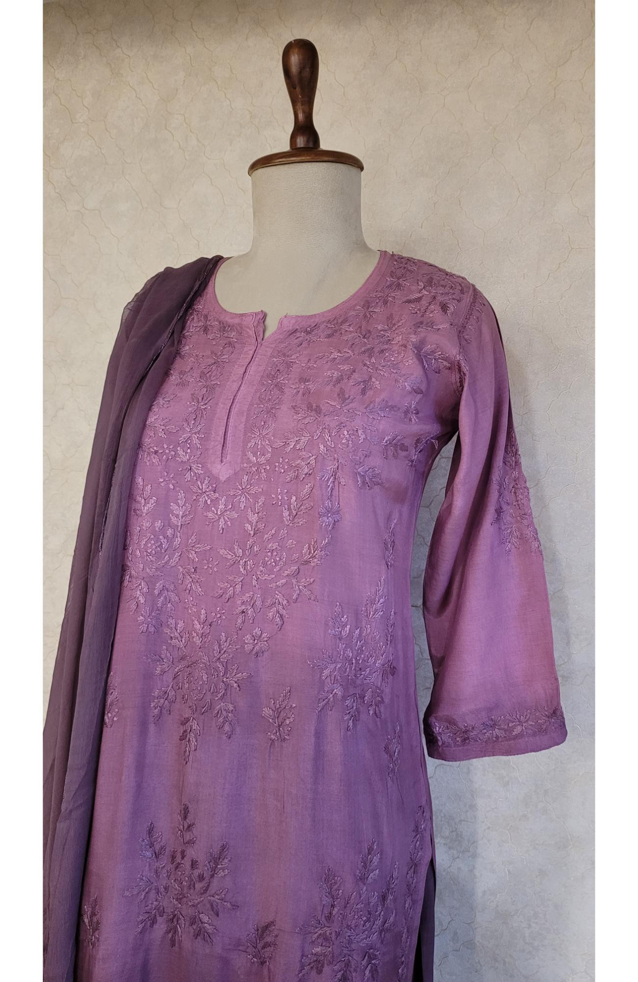 Purple Muslin Chikankari Kurta, Dupatta & Pant Set