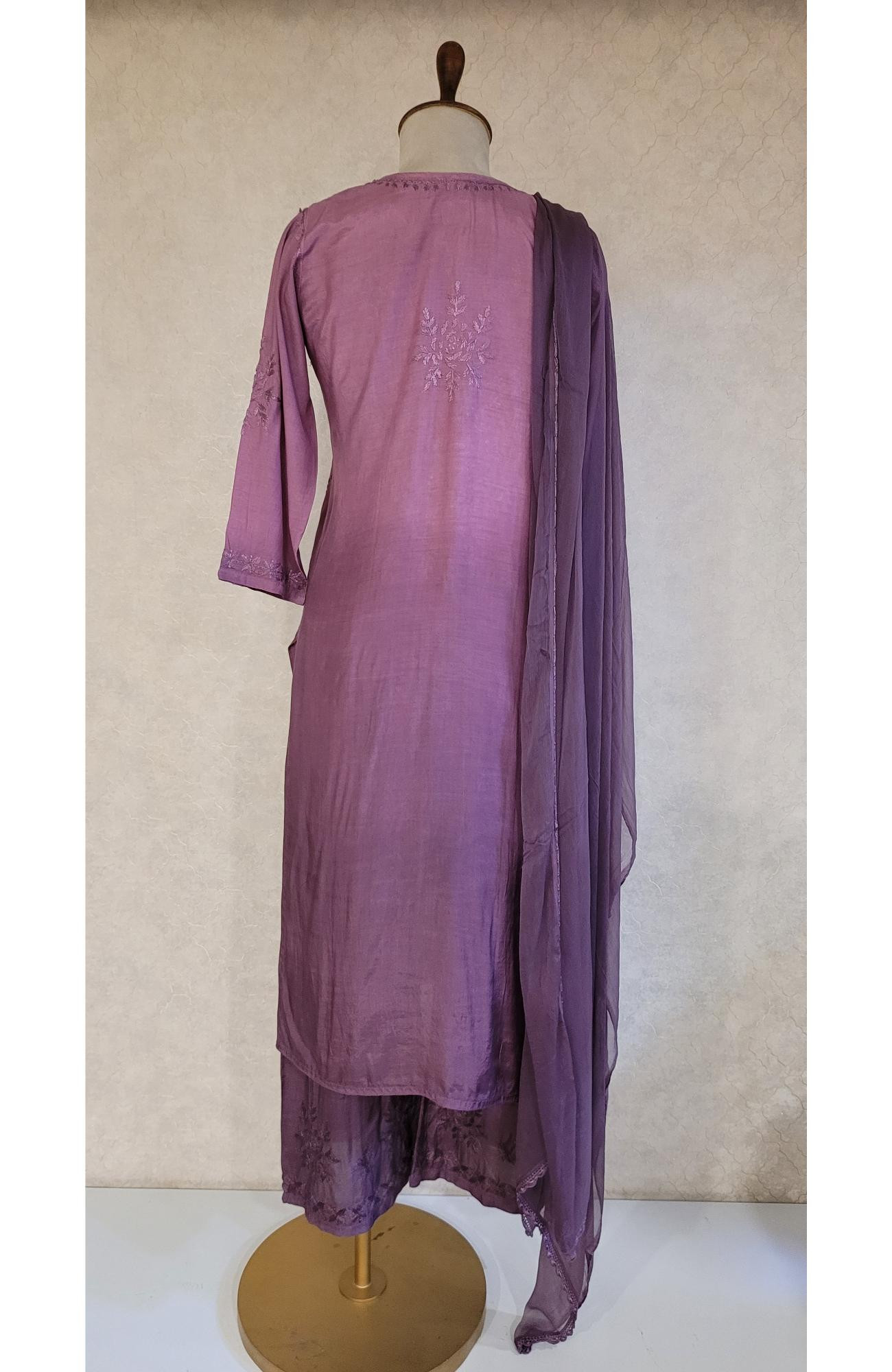 Purple Muslin Chikankari Kurta, Dupatta & Pant Set