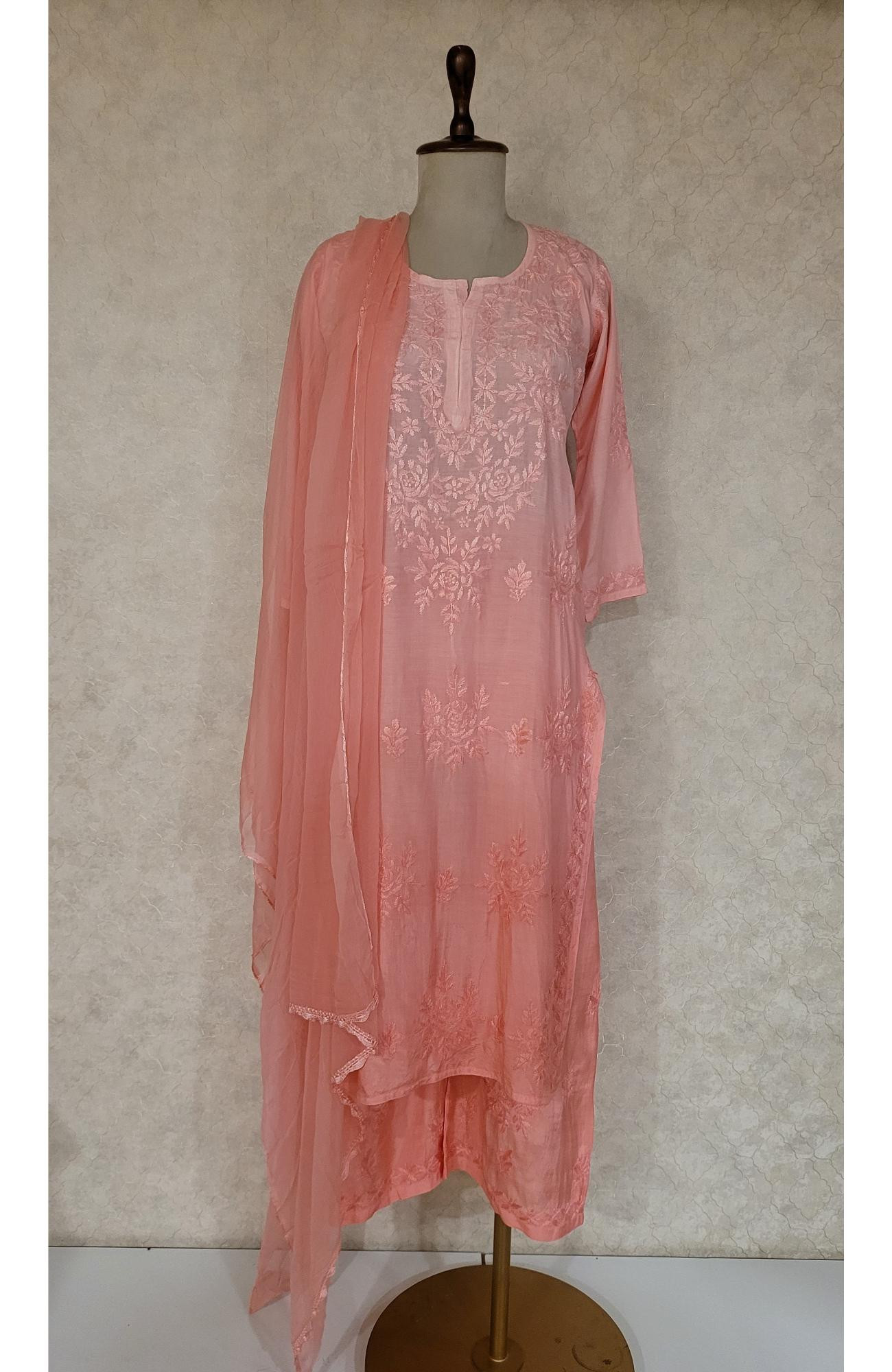 Peach Pink Muslin Chikankari Kurta, Dupatta & Pant Set
