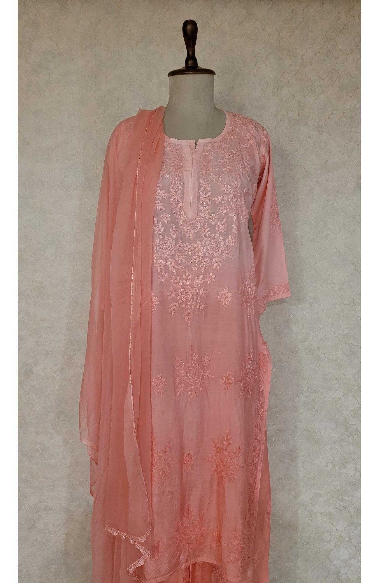 Peach Pink Muslin Chikankari Kurta, Dupatta & Pant Set
