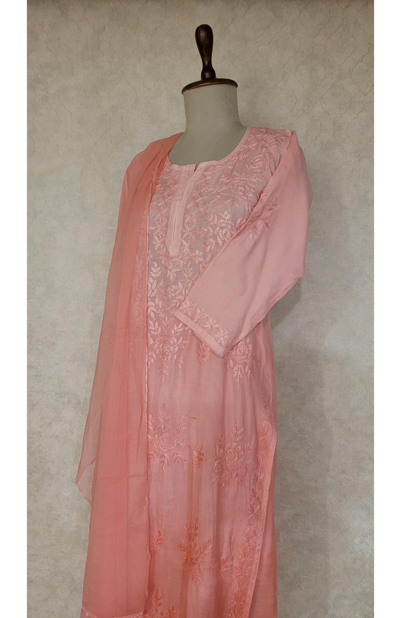 Peach Pink Muslin Chikankari Kurta, Dupatta & Pant Set