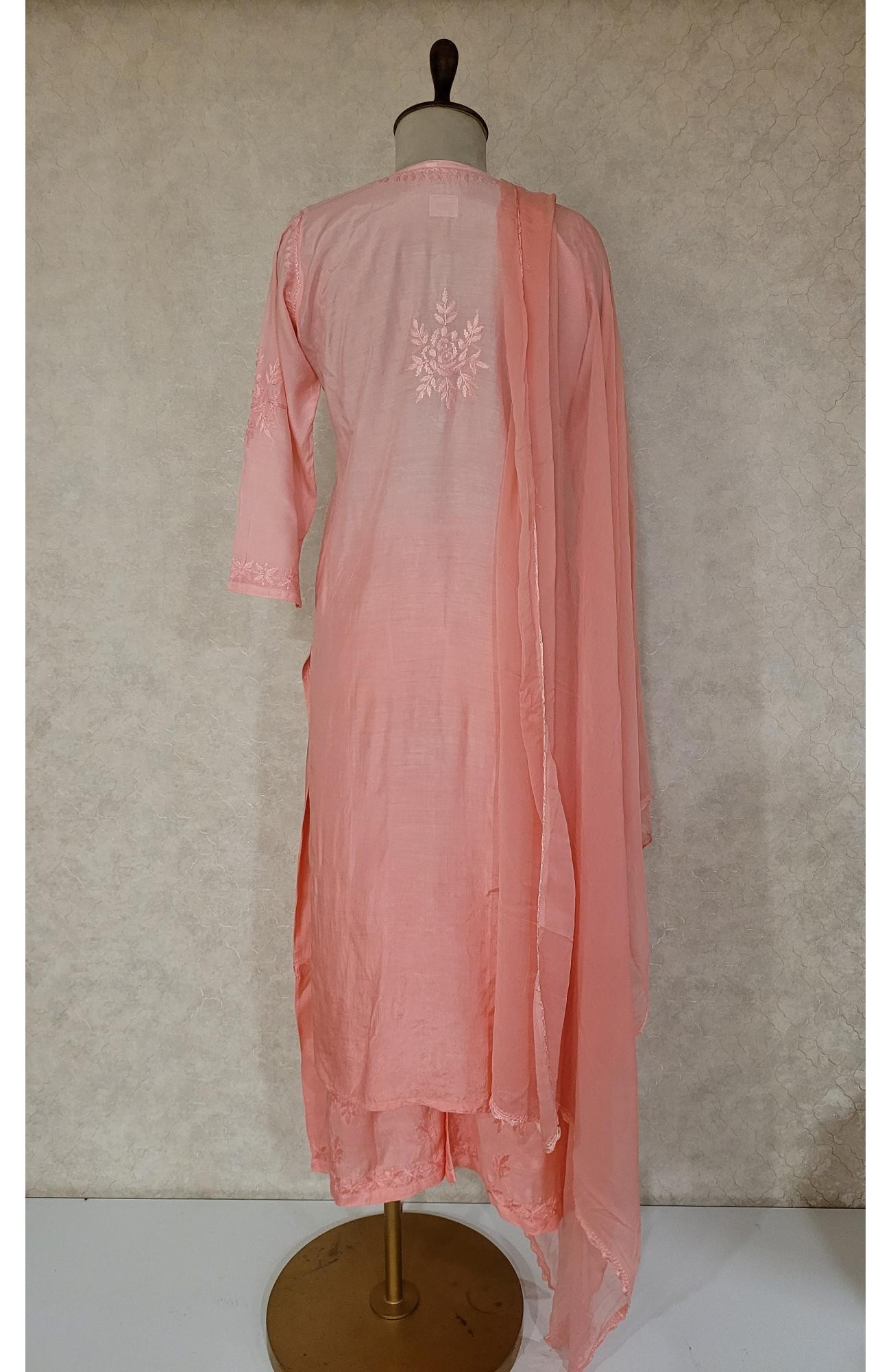 Peach Pink Muslin Chikankari Kurta, Dupatta & Pant Set