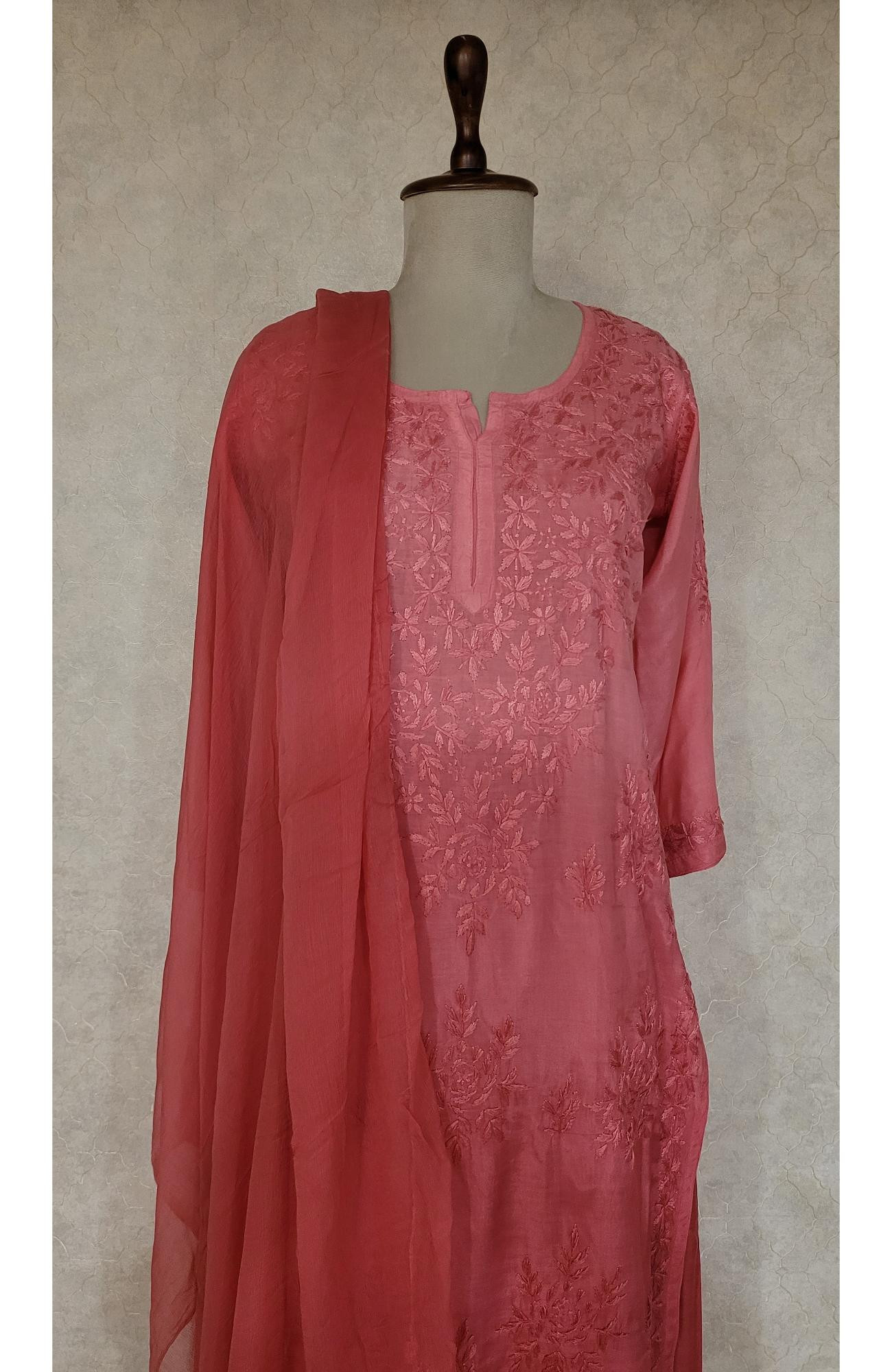 Crimson Red Muslin Chikankari Kurta, Dupatta & Pant Set