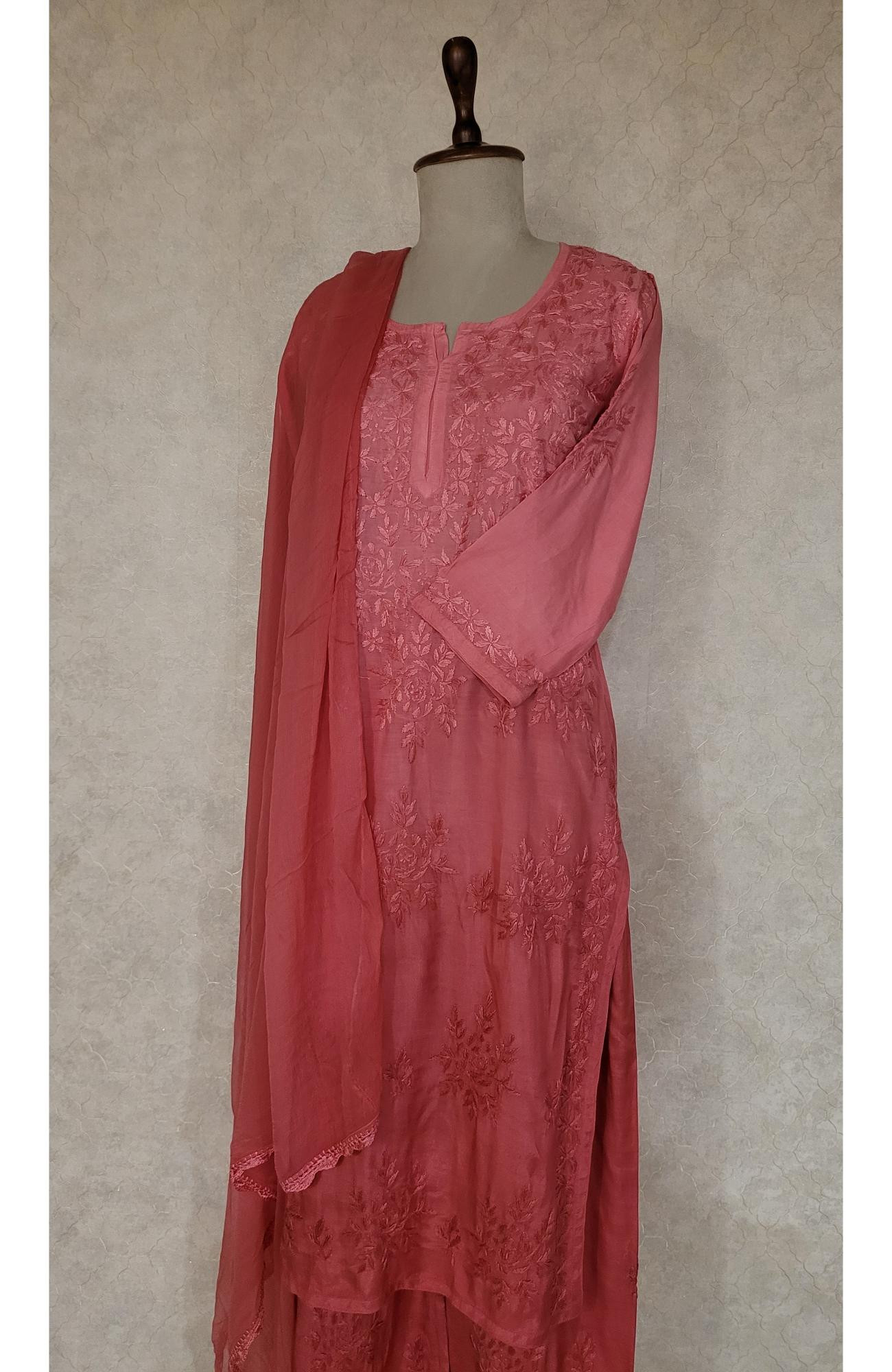 Crimson Red Muslin Chikankari Kurta, Dupatta & Pant Set