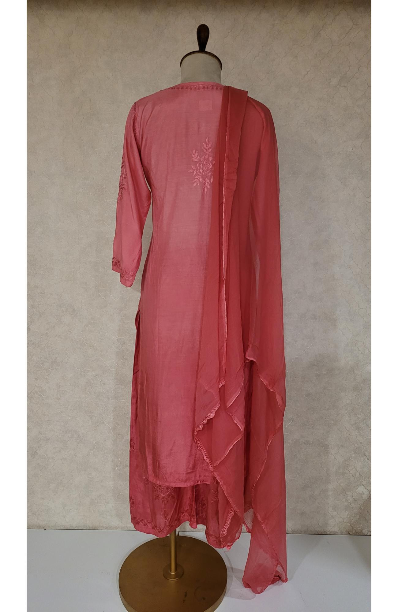 Crimson Red Muslin Chikankari Kurta, Dupatta & Pant Set