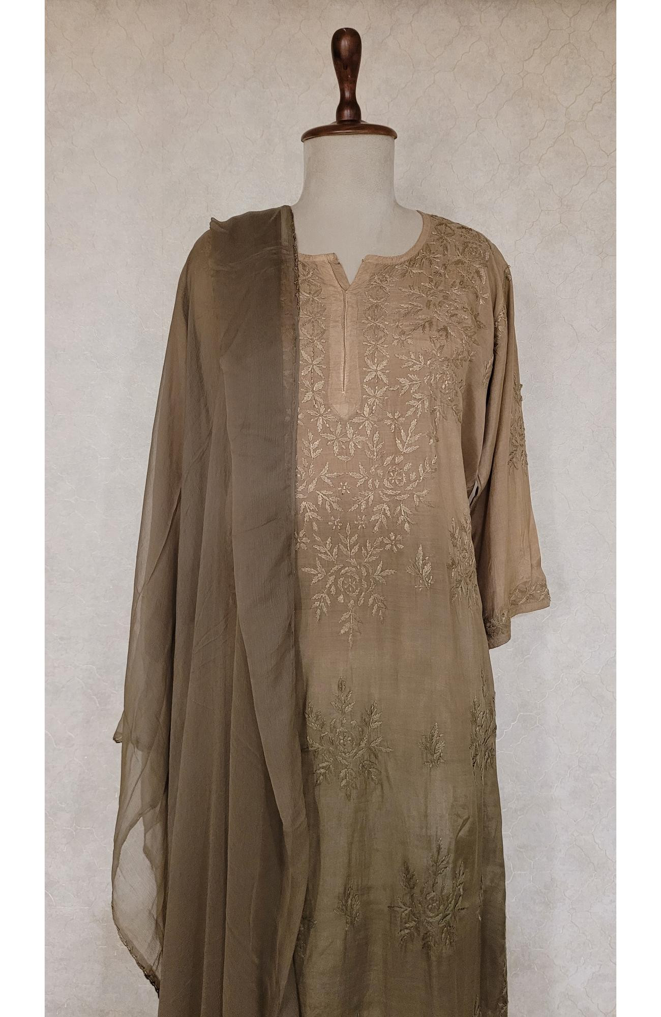 Olive Green Muslin Chikankari Kurta, Dupatta & Pant Set