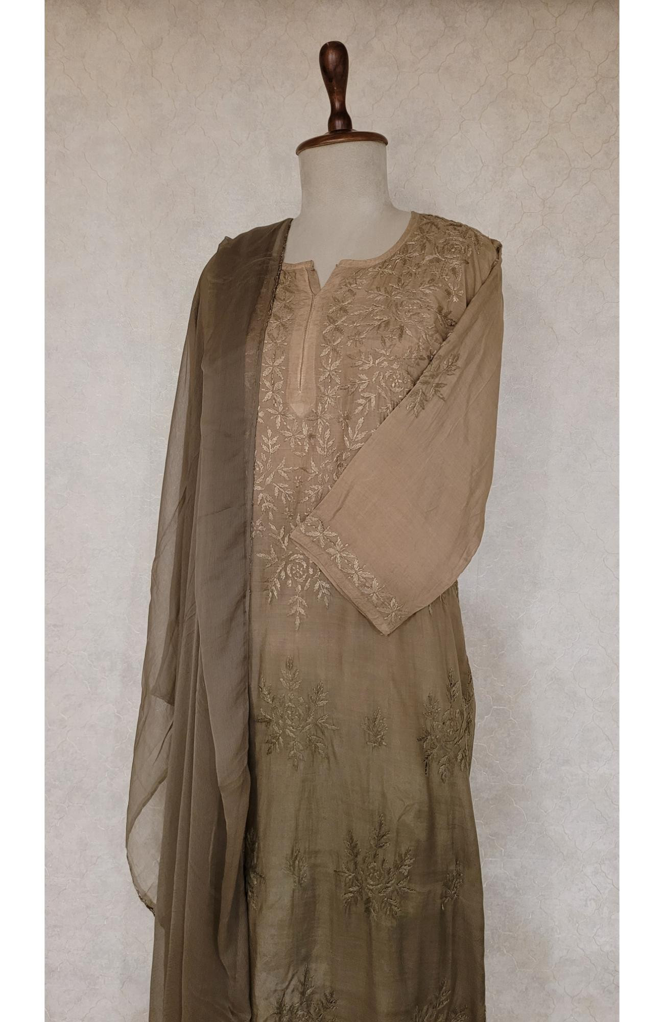 Olive Green Muslin Chikankari Kurta, Dupatta & Pant Set