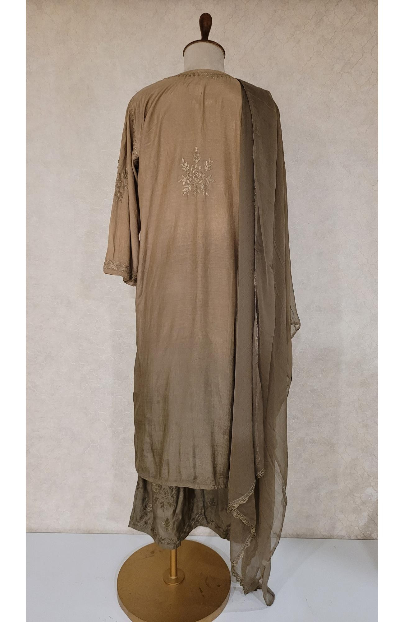 Olive Green Muslin Chikankari Kurta, Dupatta & Pant Set