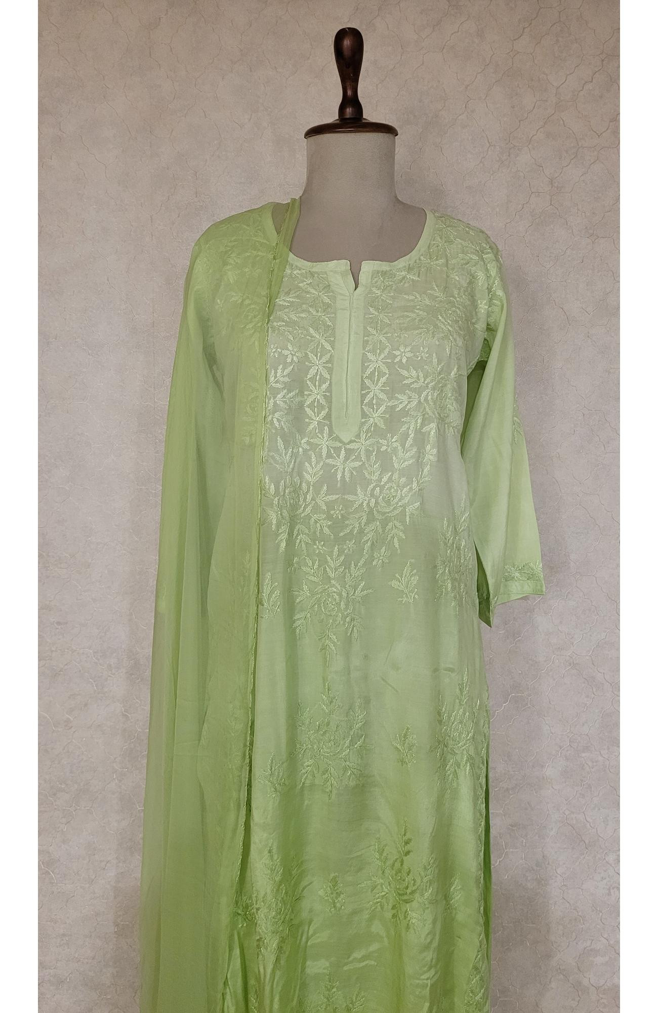 Green Muslin Chikankari Kurta, Dupatta & Pant Set