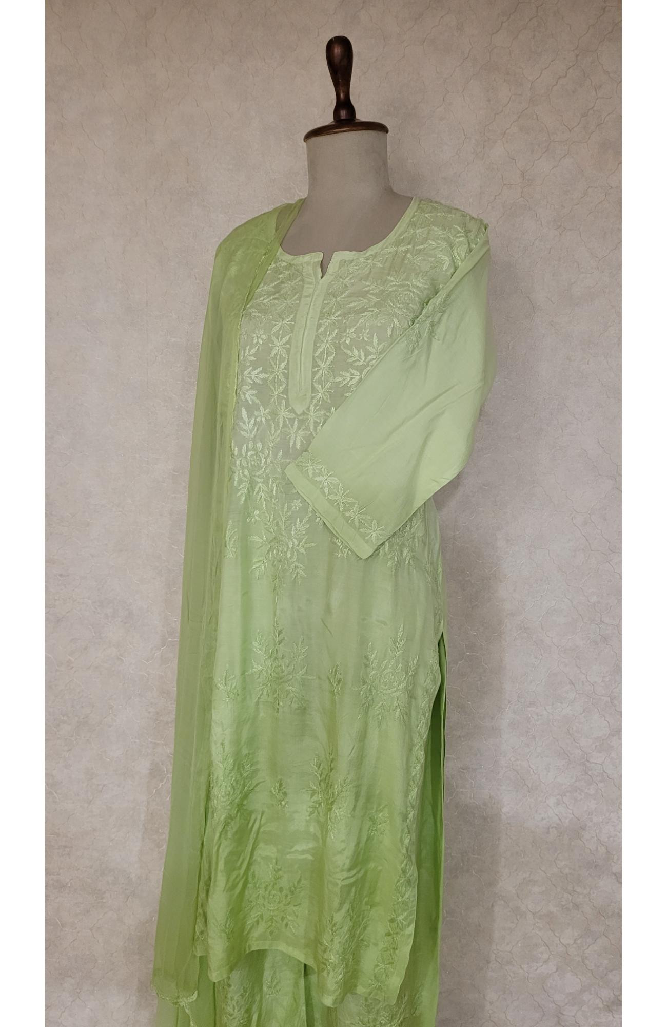 Green Muslin Chikankari Kurta, Dupatta & Pant Set